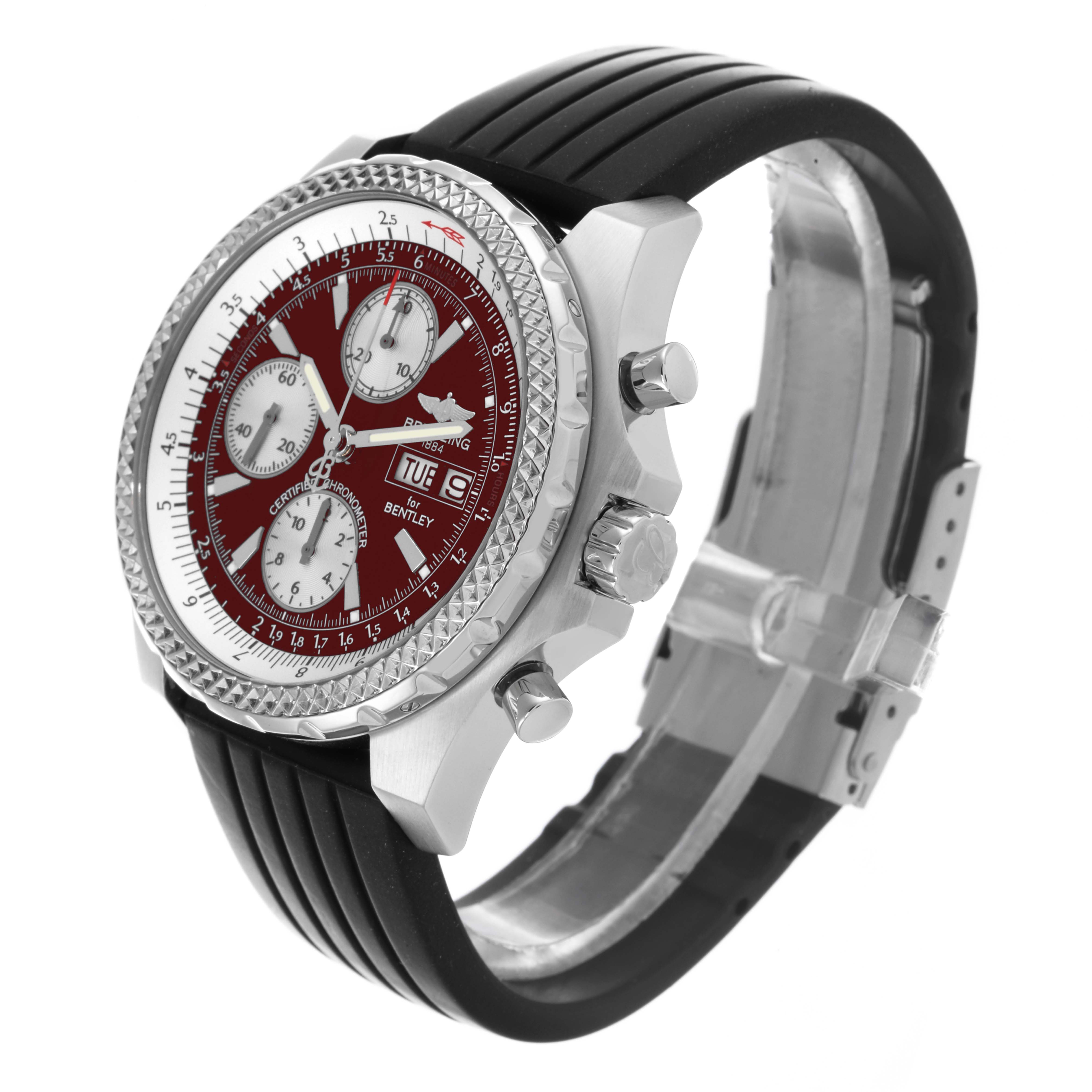The Breitling Bentley A13363 Men
s Stainless Steel Red Dial A13363 Men
s Stainless Steel Red Dial watch is shown at a three-quarter angle, displaying the bezel, dial, chronograph sub-dials, and rubber strap.