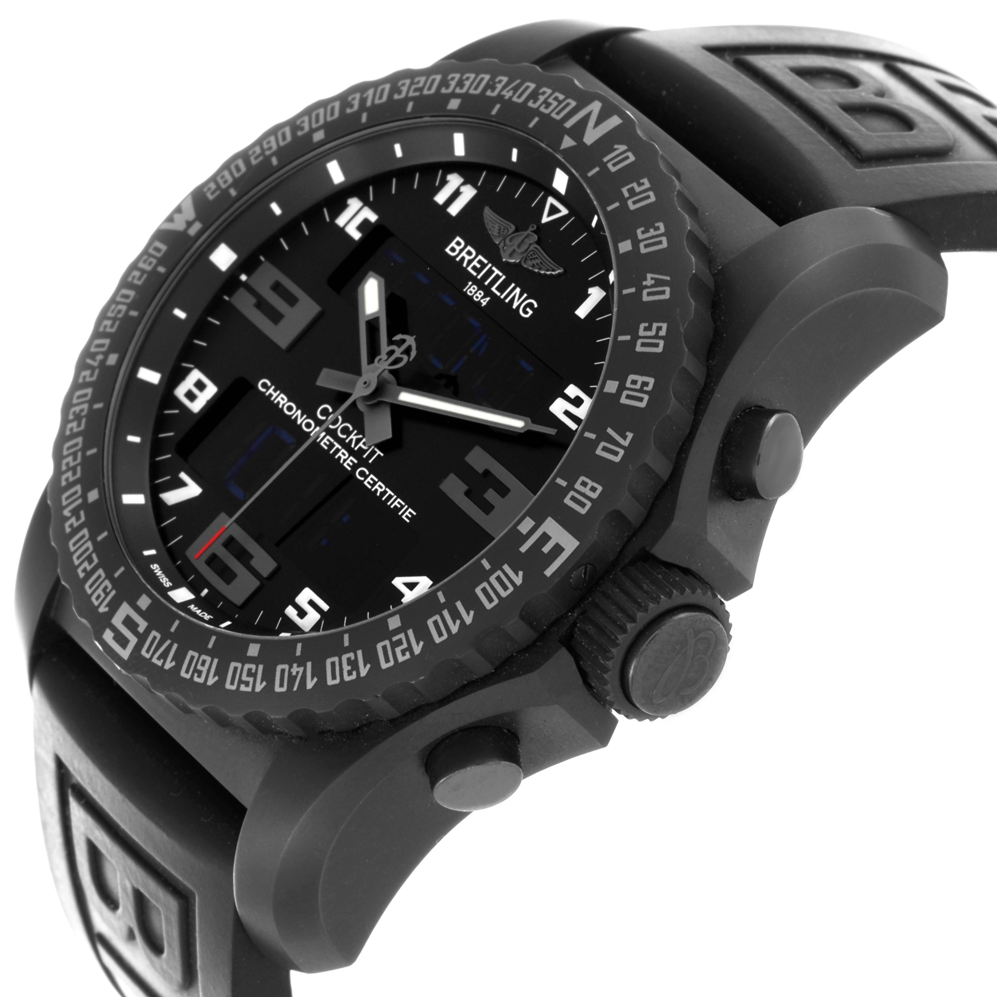 The Breitling Professional Series VB501022/BD41 Men's Titanium Black Dial VB501022/BD41 Men's Titanium Black Dial watch is shown at an angled view, highlighting the face, bezel, crown, and pushers.