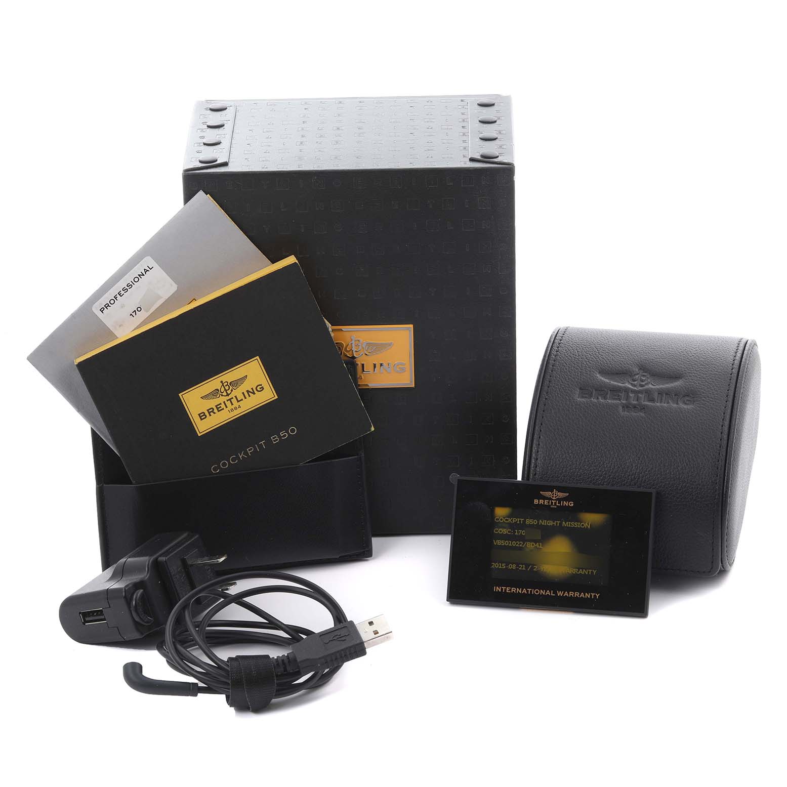 The image shows Breitling Professional Series VB501022/BD41 Men's Titanium Black Dial VB501022/BD41 Men's Titanium Black Dial accessories: box, USB charger, manual, warranty card, and watch case.