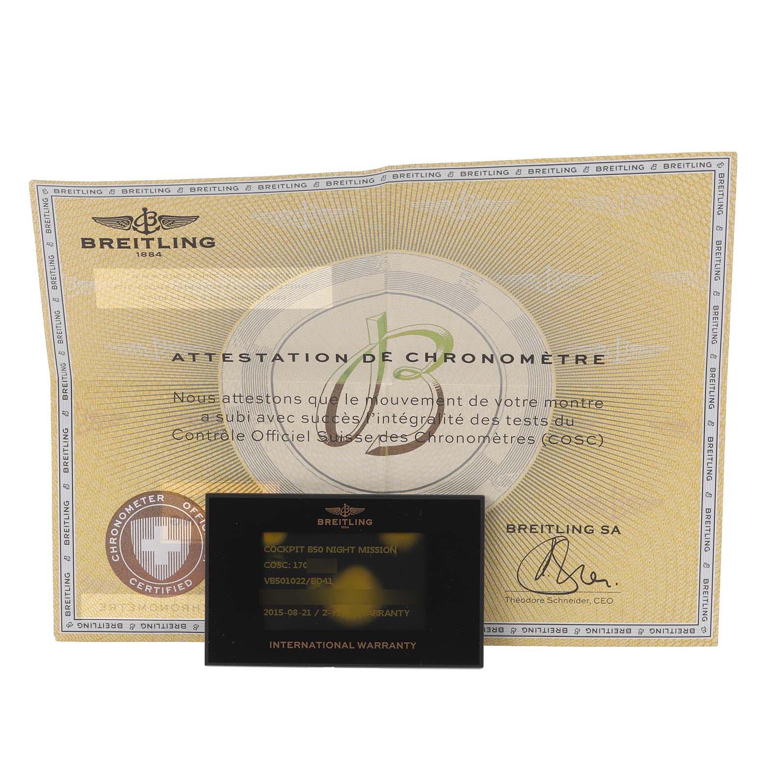 The image shows the Breitling Professional Series VB501022/BD41 Men's Titanium Black Dial VB501022/BD41 Men's Titanium Black Dial certificate and international warranty card displayed from the front angle.