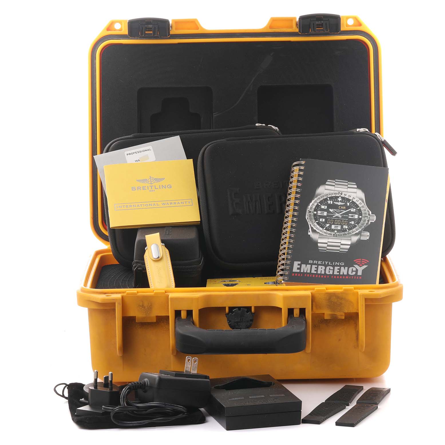 The image shows a yellow case with accessories and documentation for a Breitling Professional Series V76325LA/BE30 Men's Titanium Mother of Pearl Dial V76325LA/BE30 Men's Titanium Mother of Pearl Dial watch, including chargers and manuals.