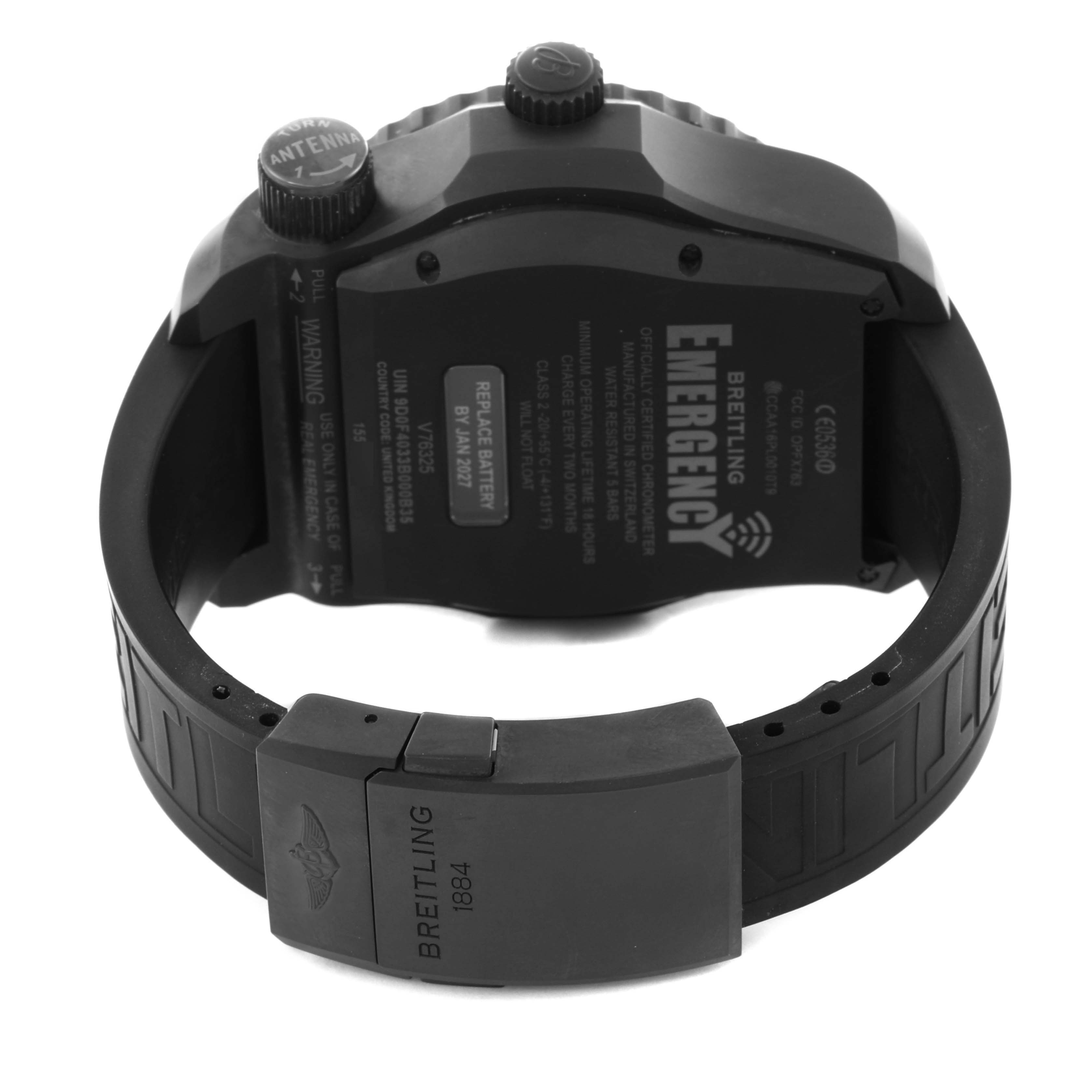 The image shows the Breitling Professional Series V76325LA/BE30 Men's Titanium Mother of Pearl Dial V76325LA/BE30 Men's Titanium Mother of Pearl Dial watch from the back, highlighting its case, strap, and clasp.