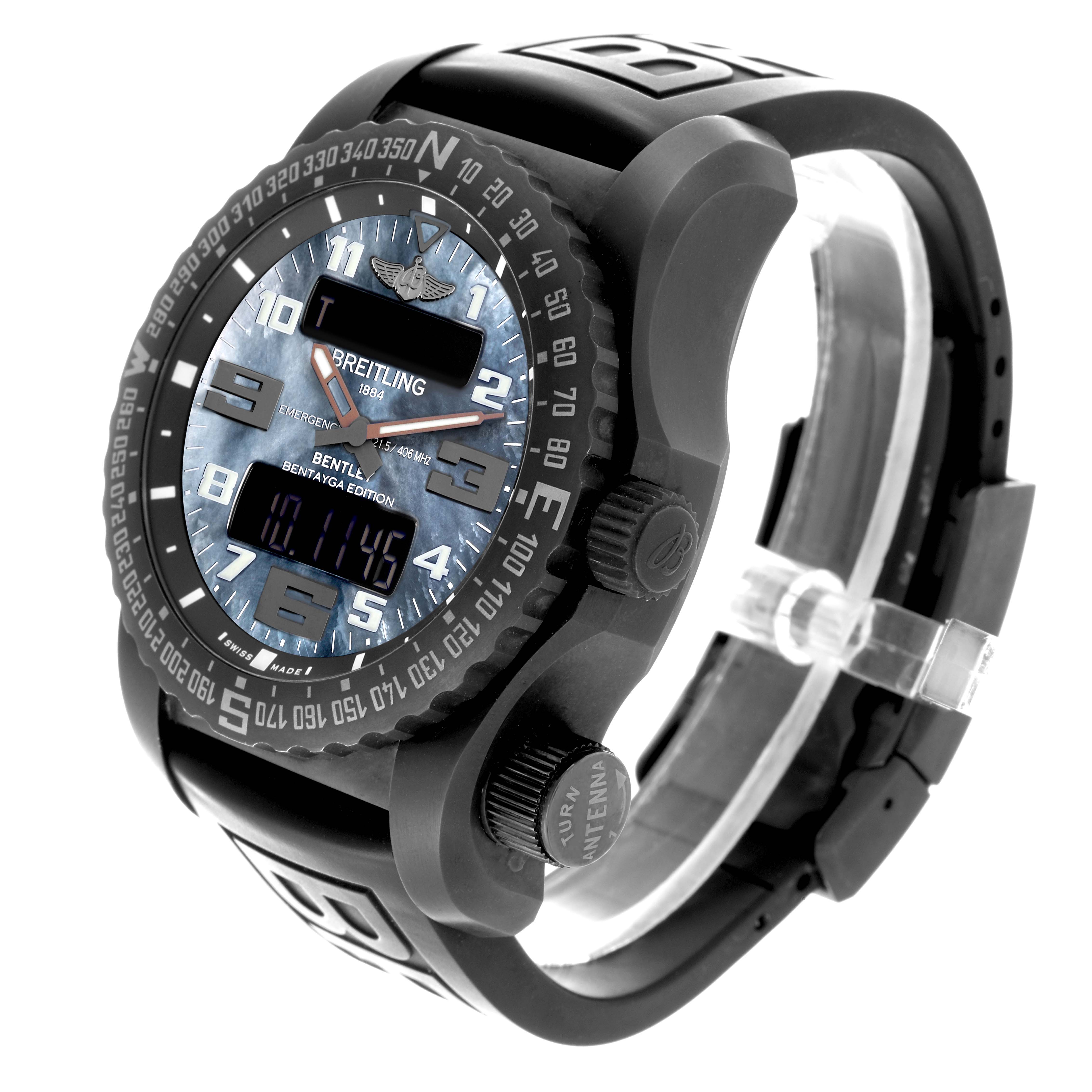 The Breitling Professional Series V76325LA/BE30 Men's Titanium Mother of Pearl Dial V76325LA/BE30 Men's Titanium Mother of Pearl Dial watch is shown at an angled side view, displaying the face, bezel, and pushers.