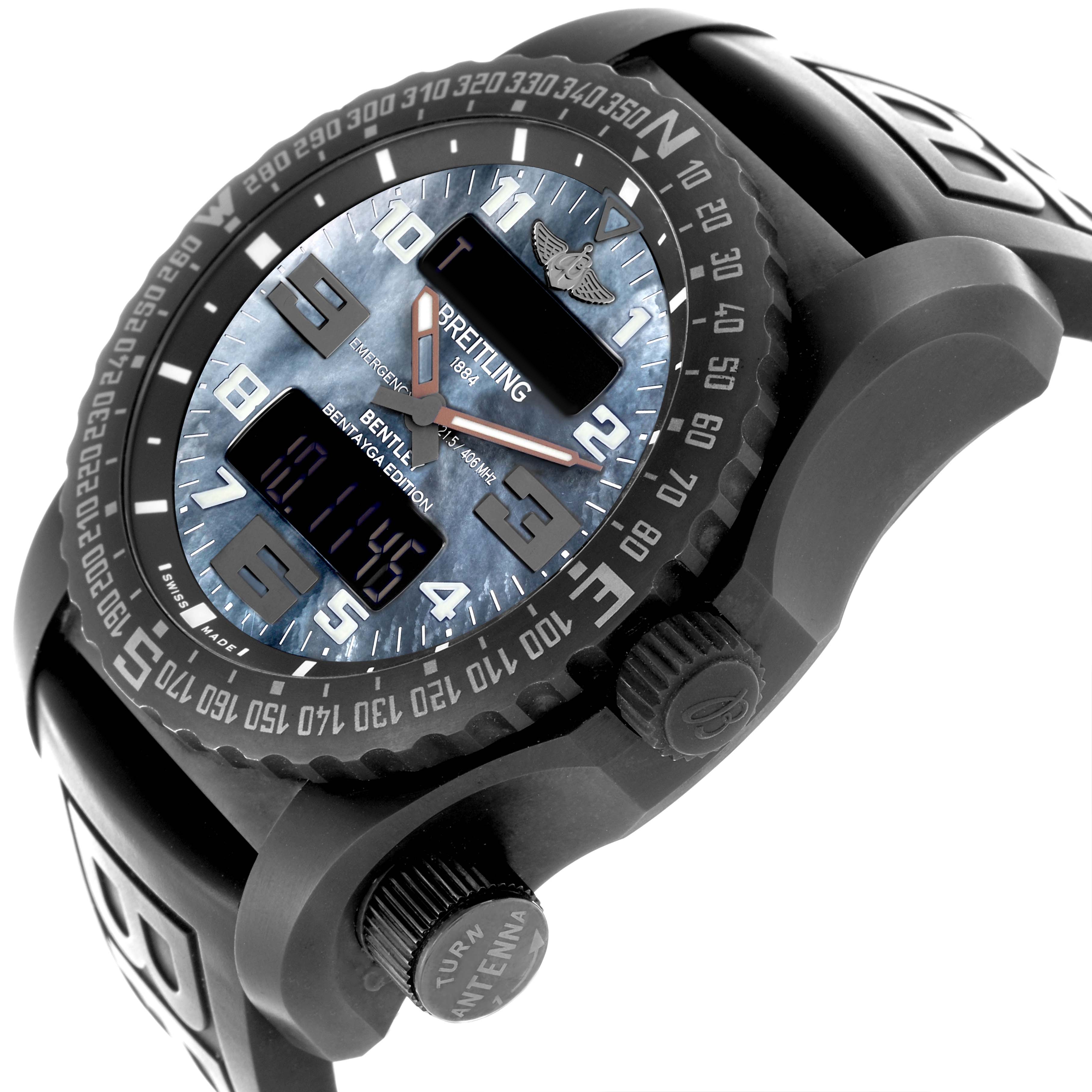 The image shows the Breitling Professional Series V76325LA/BE30 Men's Titanium Mother of Pearl Dial V76325LA/BE30 Men's Titanium Mother of Pearl Dial watch at an angled view, highlighting the face, bezel, buttons, and strap.