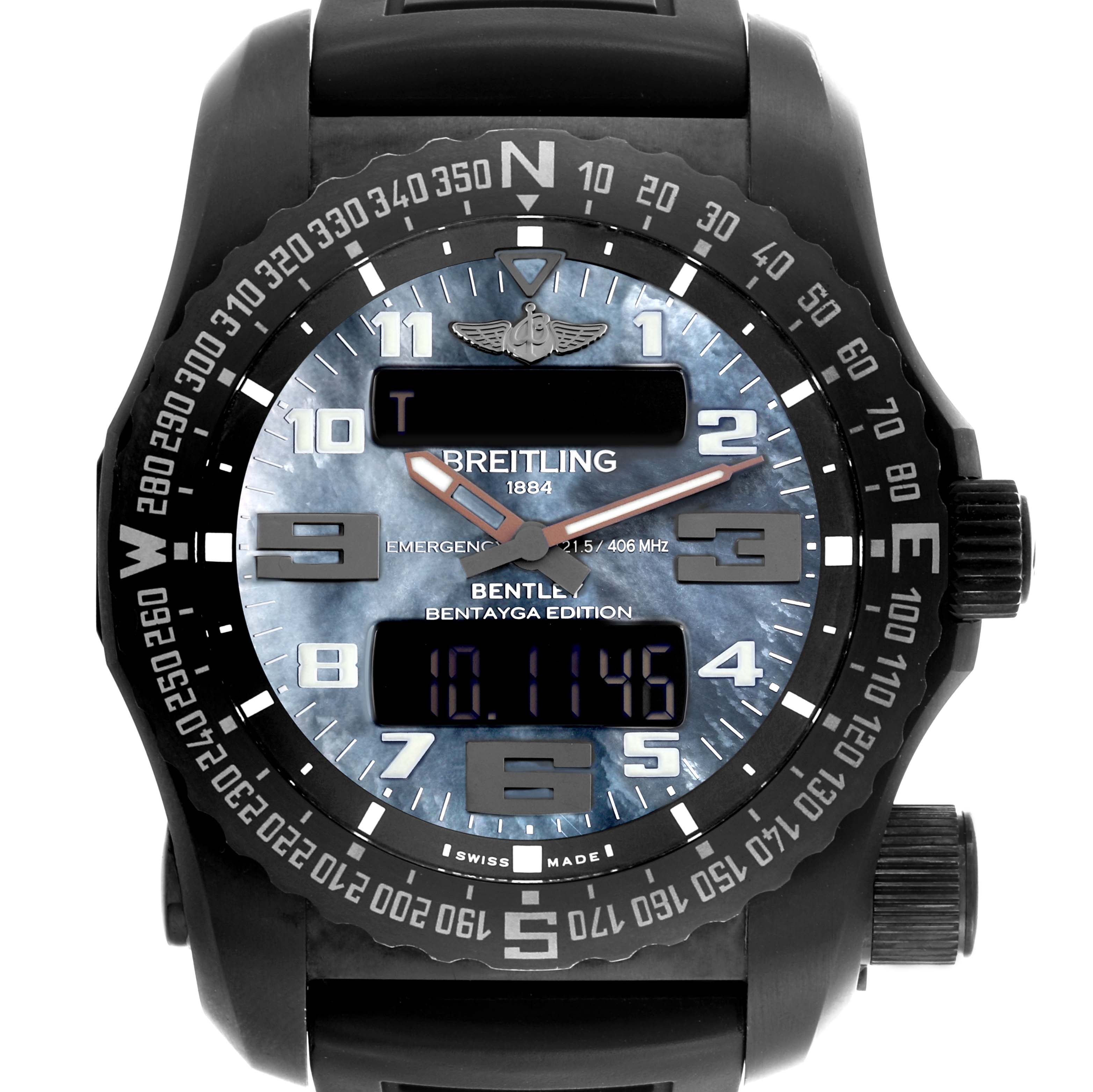 The Breitling Professional Series V76325LA/BE30 Men's Titanium Mother of Pearl Dial V76325LA/BE30 Men's Titanium Mother of Pearl Dial watch is shown from the front, displaying its dial, digital display, and bezel.