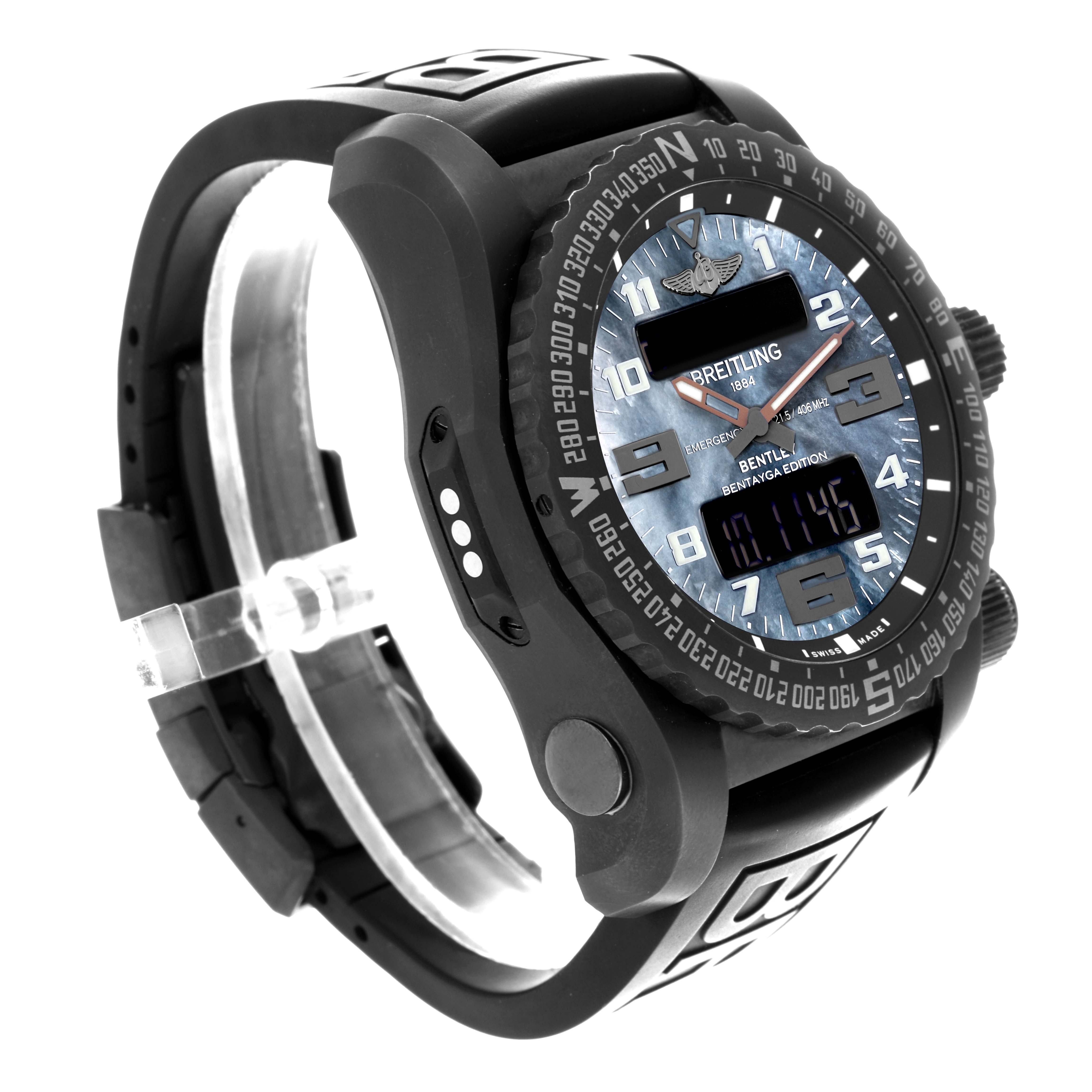 The Breitling Professional Series V76325LA/BE30 Men's Titanium Mother of Pearl Dial V76325LA/BE30 Men's Titanium Mother of Pearl Dial watch is shown at a side angle, displaying the bezel, crown, strap, and digital display.