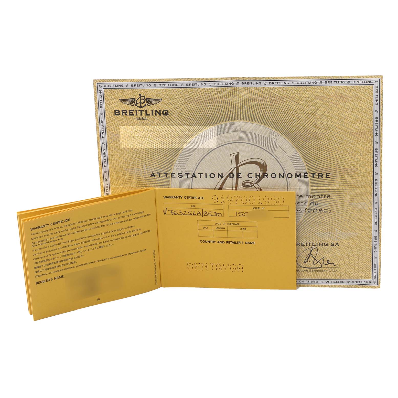 The image shows warranty documents and a certificate for a Breitling Professional Series V76325LA/BE30 Men's Titanium Mother of Pearl Dial V76325LA/BE30 Men's Titanium Mother of Pearl Dial model watch.