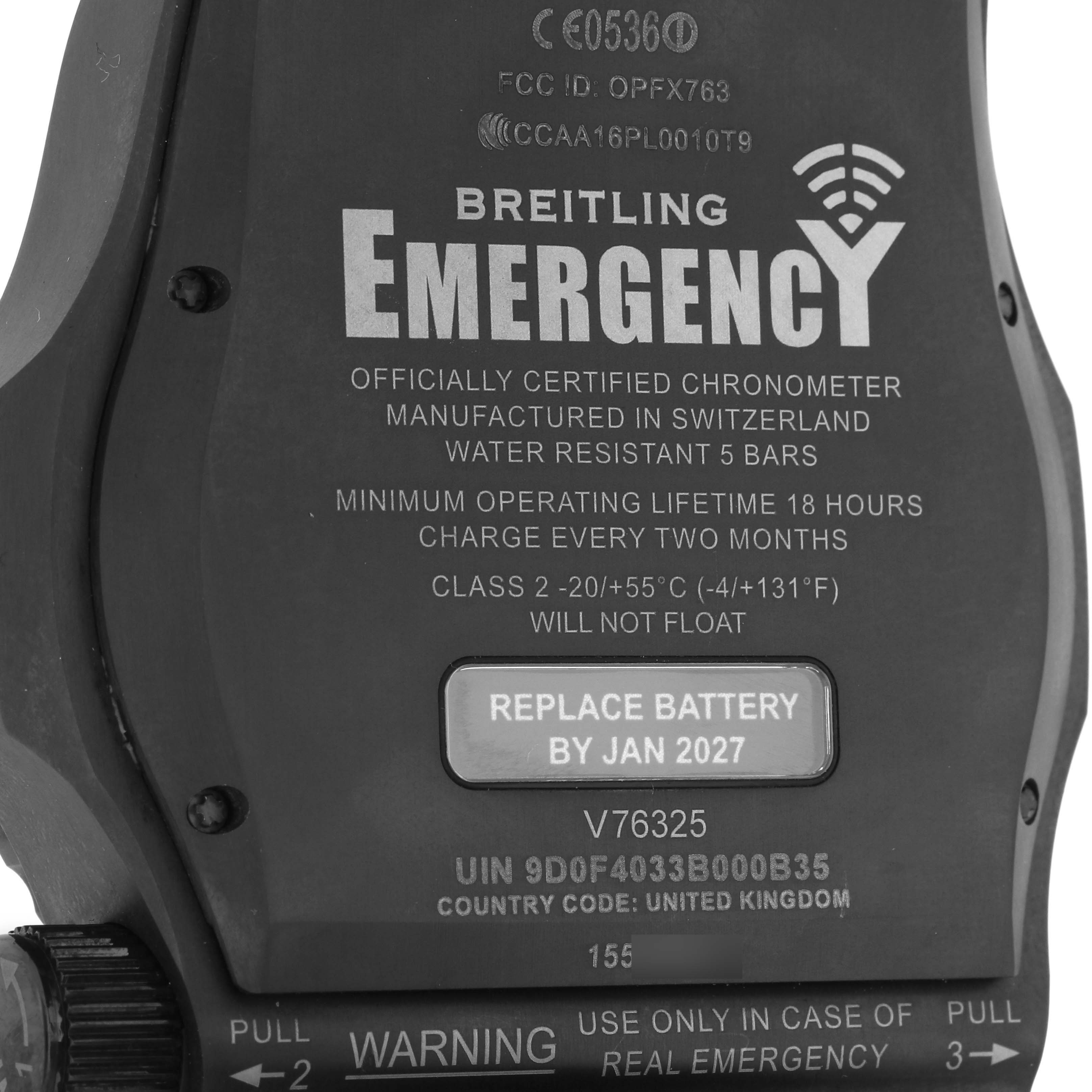 The image shows the back of a Breitling Professional Series V76325LA/BE30 Men's Titanium Mother of Pearl Dial V76325LA/BE30 Men's Titanium Mother of Pearl Dial Emergency watch, featuring text details and a battery replacement notice.