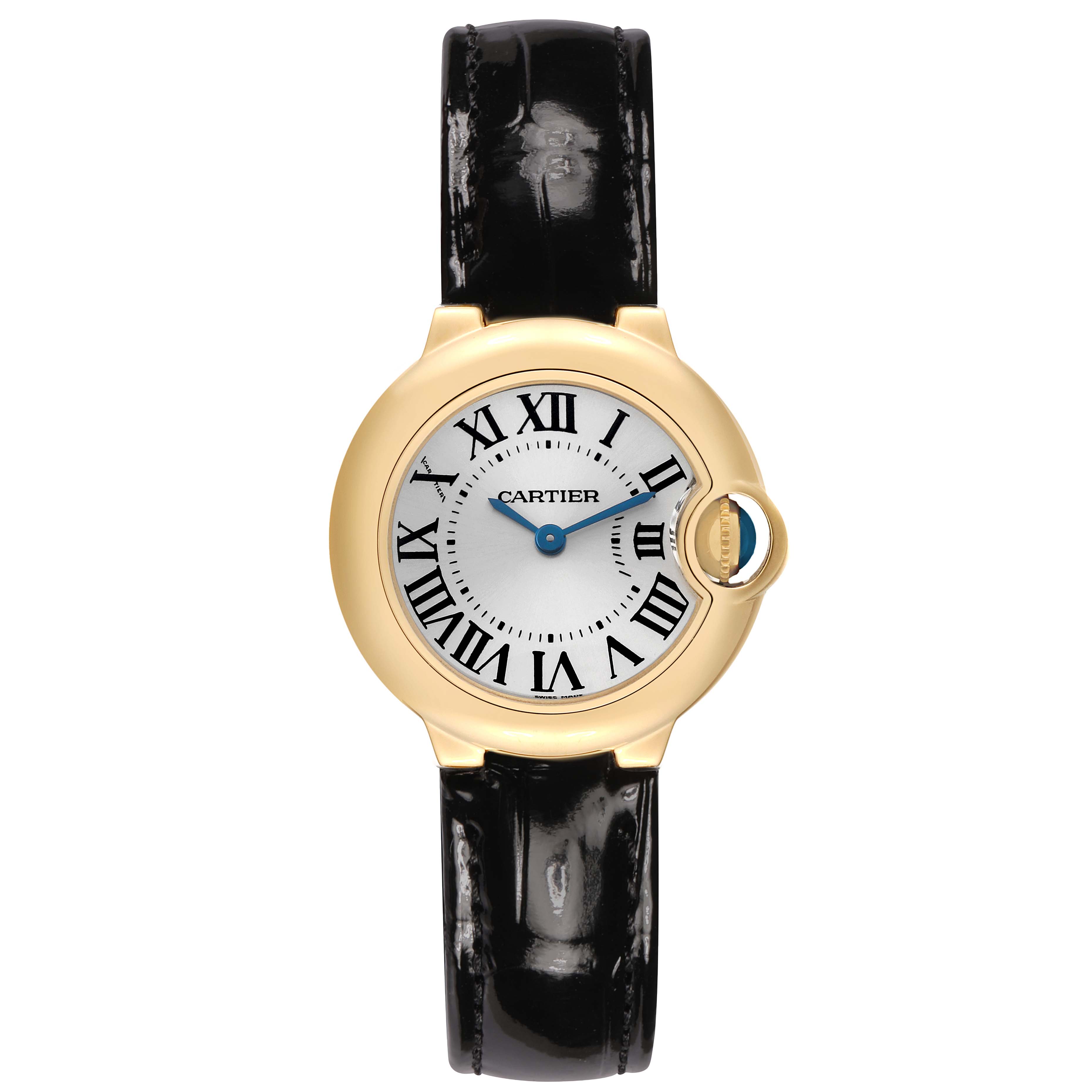 The Cartier Ballon Bleu W6900156 Women's Yellow Gold Silver Dial watch is shown at a straight-on angle, featuring the face, Roman numerals, and a leather strap.