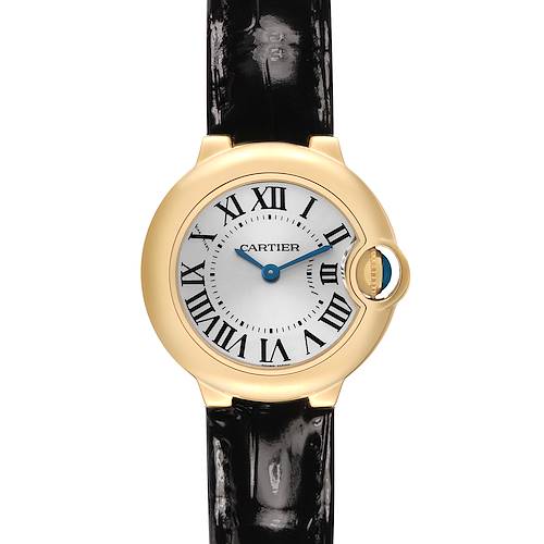 The Cartier Ballon Bleu W6900156 Women's Yellow Gold Silver Dial watch is shown from a front angle, highlighting the face, Roman numerals, blue hands, and black leather strap.