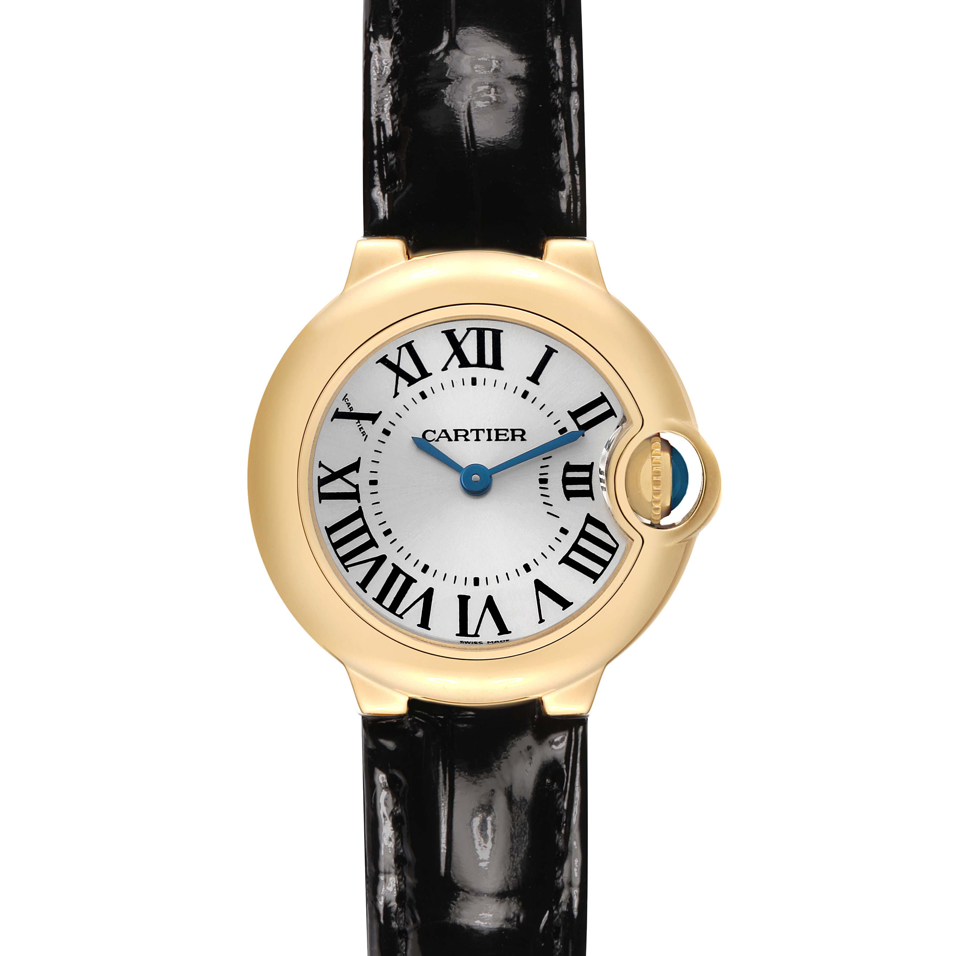 The image shows a Ballon Bleu de Cartier watch from a front angle, highlighting the dial, Roman numerals, and crown.