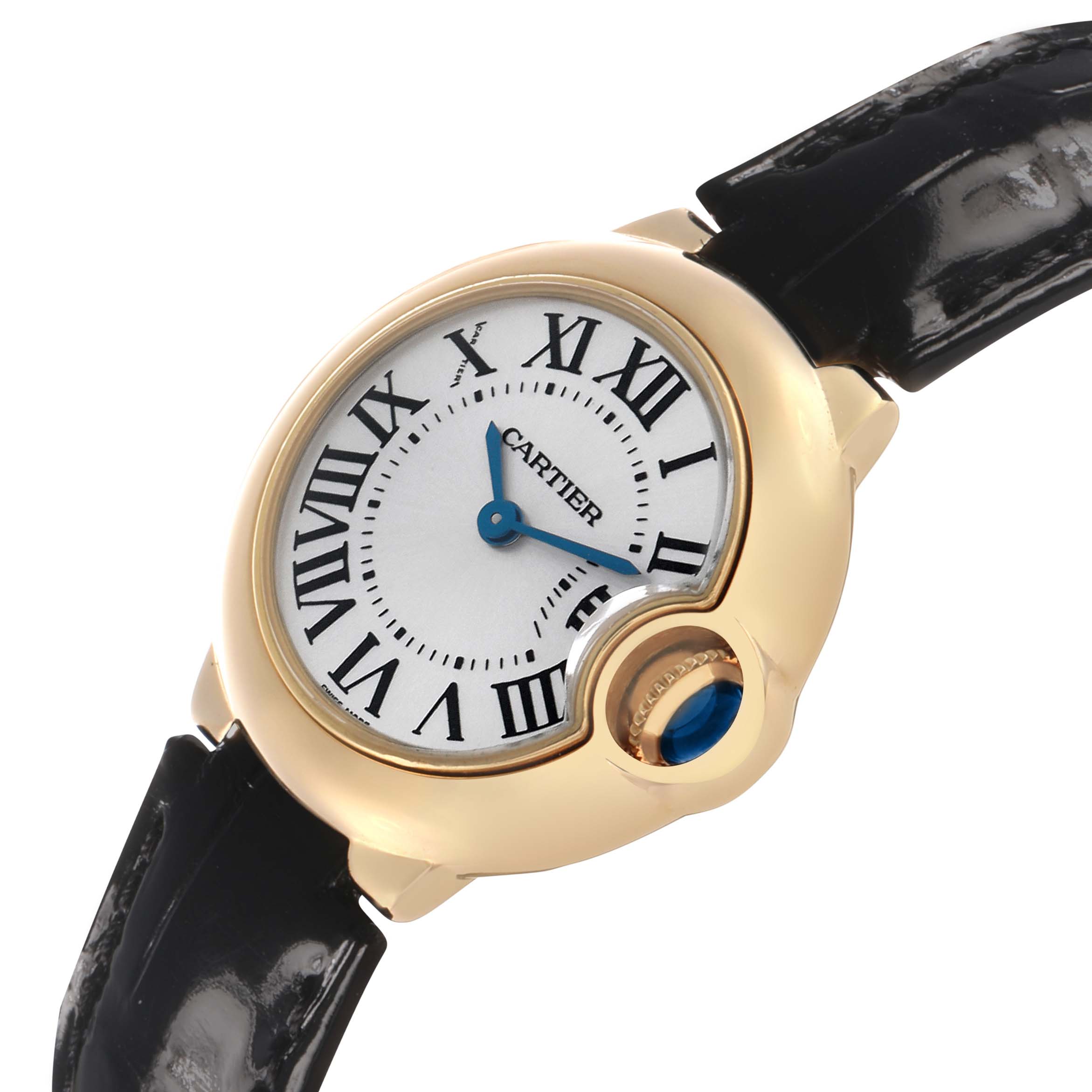 The Cartier Ballon Bleu W6900156 Women's Yellow Gold Silver Dial watch is shown at an angle focusing on the dial, crown, and black leather strap.