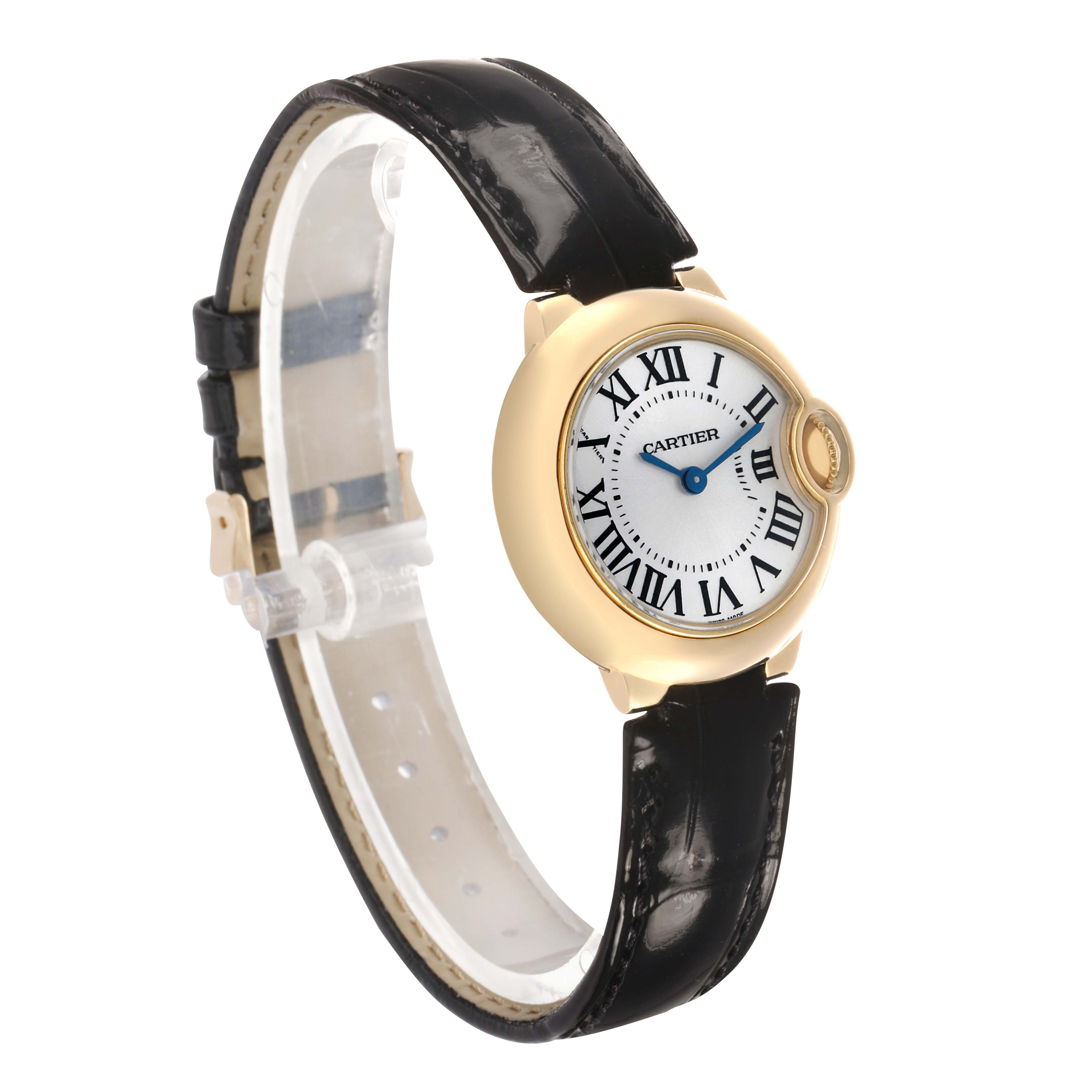 The Cartier Ballon Bleu W6900156 Women's Yellow Gold Silver Dial watch is shown at a side angle, displaying its face, bezel, and black leather strap.