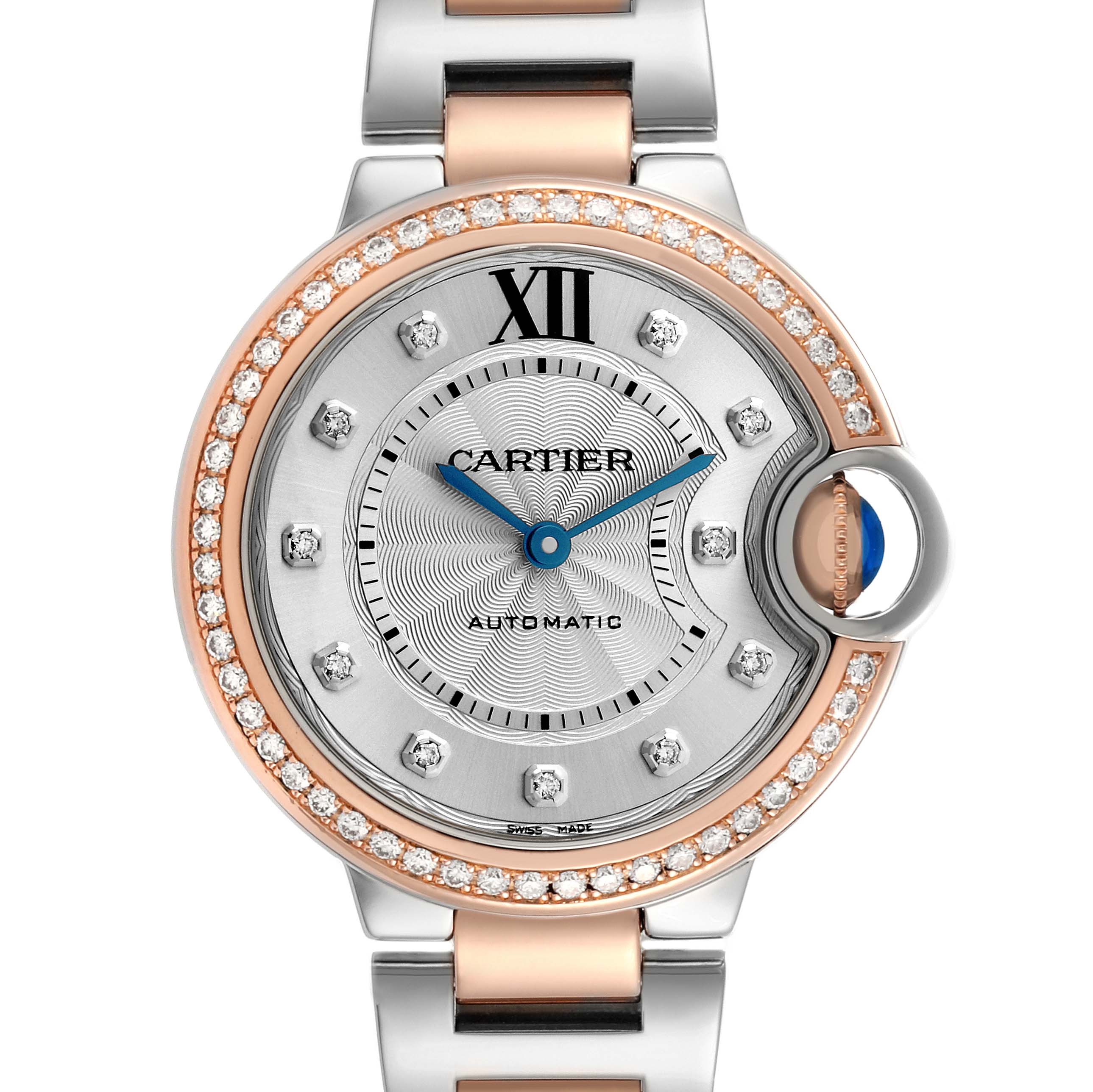 The Cartier Ballon Bleu WE902077 Women's Steel and Gold (two tone) Silver Dial watch is shown from the front, featuring a diamond-studded bezel and blue hands.