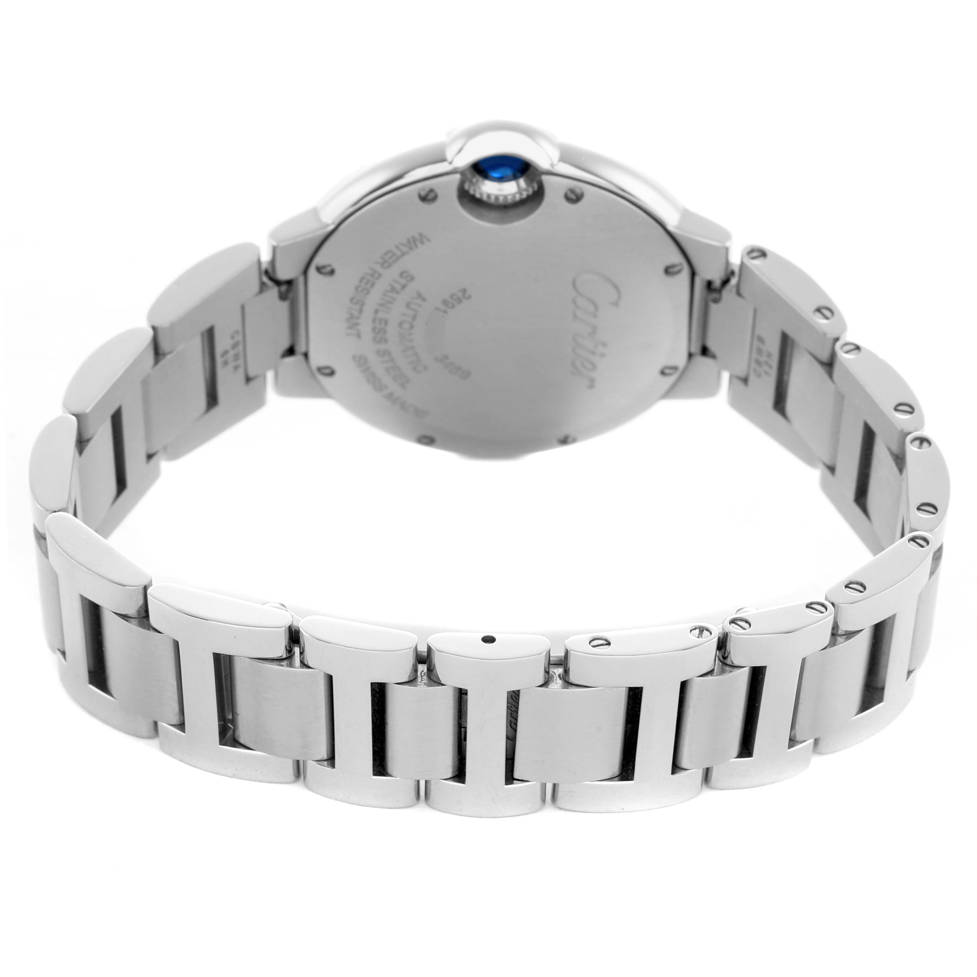 The Cartier Ballon Bleu W6920071 Women's Stainless Steel Silver Dial watch is shown from the back, highlighting the bracelet and the case back with a side view of the crown.