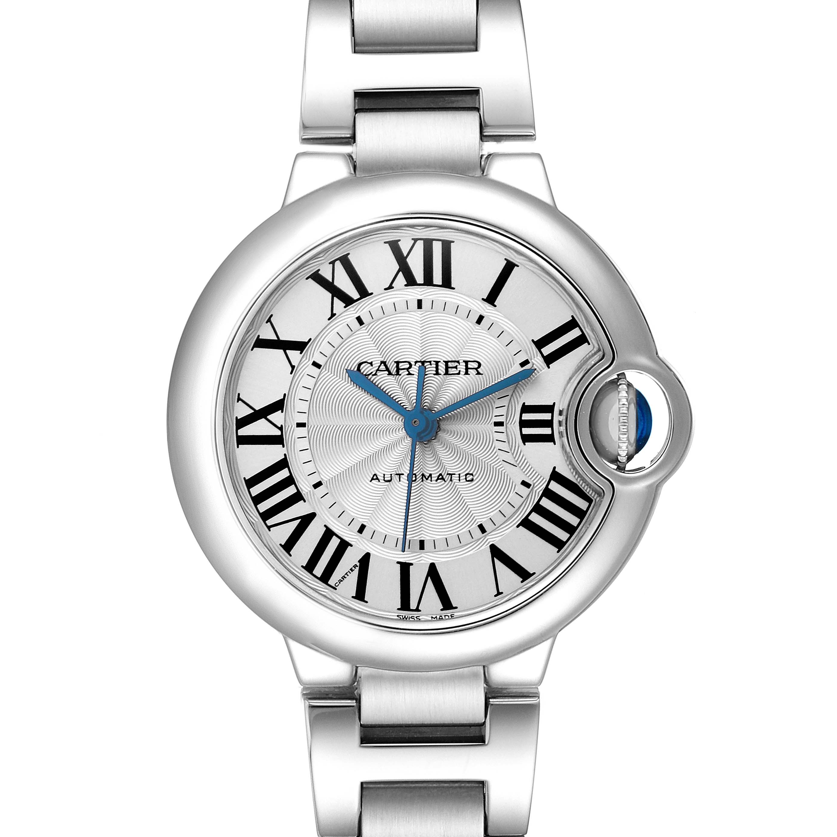 The Ballon Bleu by Cartier is shown from a top-down angle, displaying the dial, Roman numerals, blue hands, and crown protector.