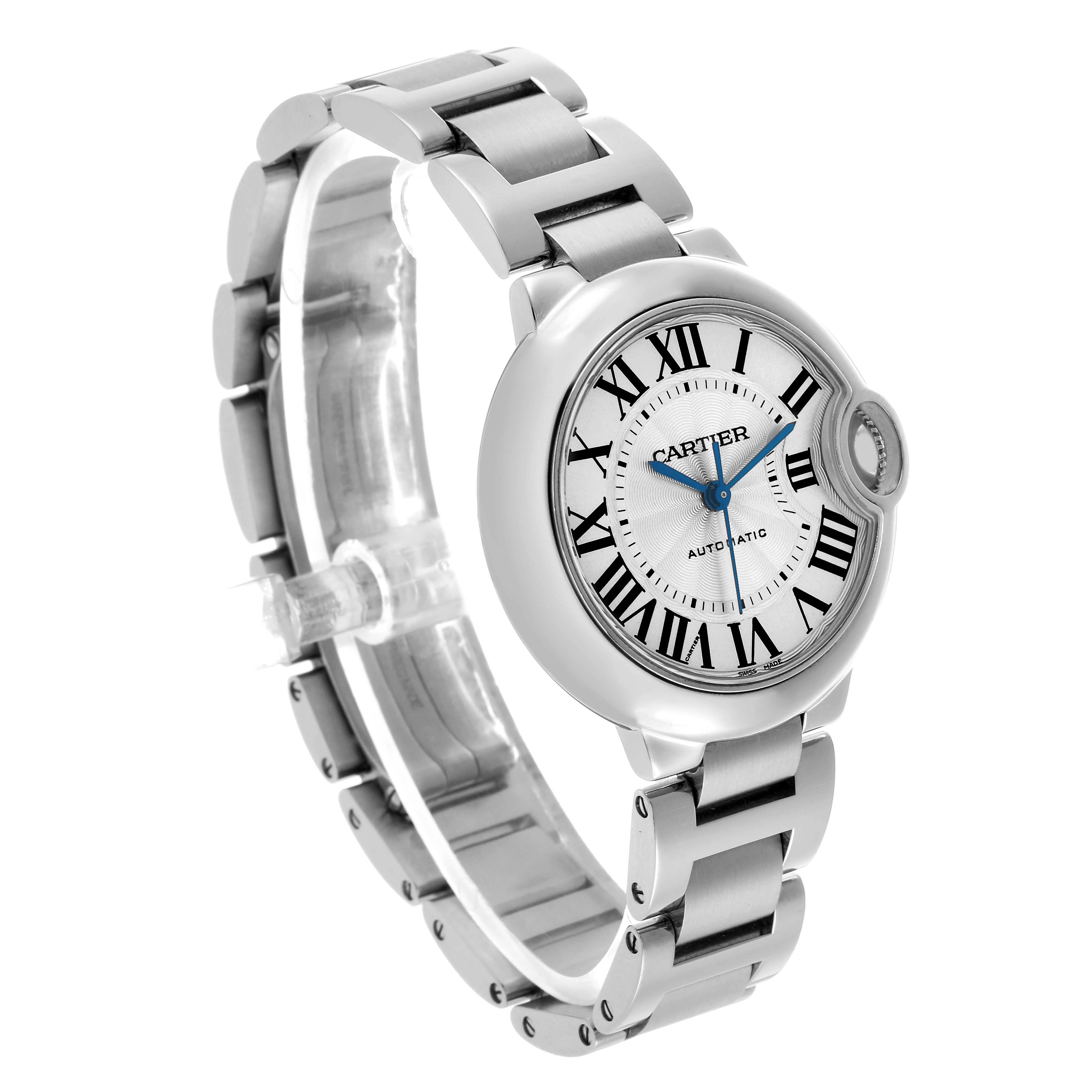 The Ballon Bleu de Cartier watch is shown from a three-quarter angle, displaying the dial, case, crown, and bracelet.