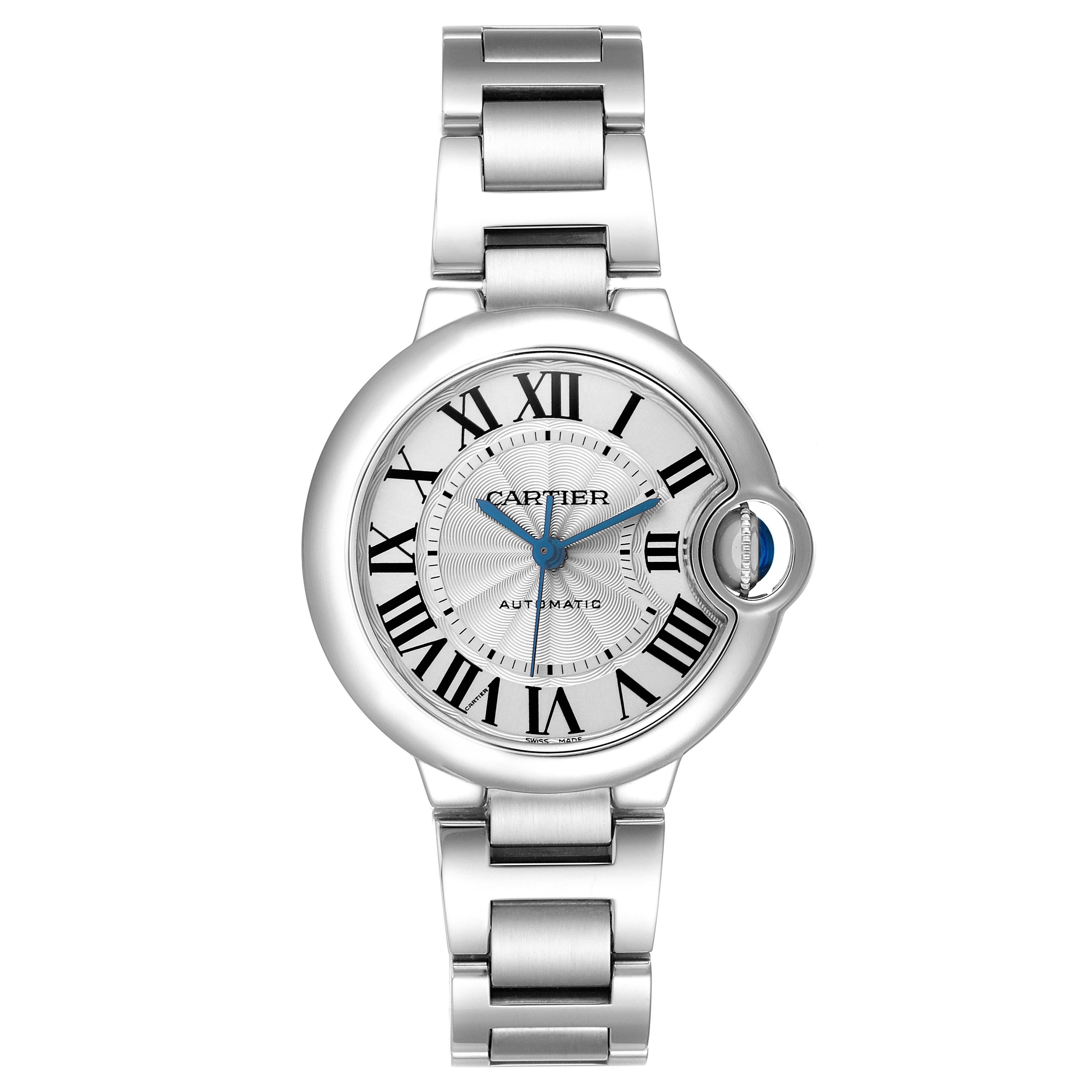The Ballon Bleu by Cartier is shown from a top view, highlighting the round case, Roman numerals, and metal bracelet.
