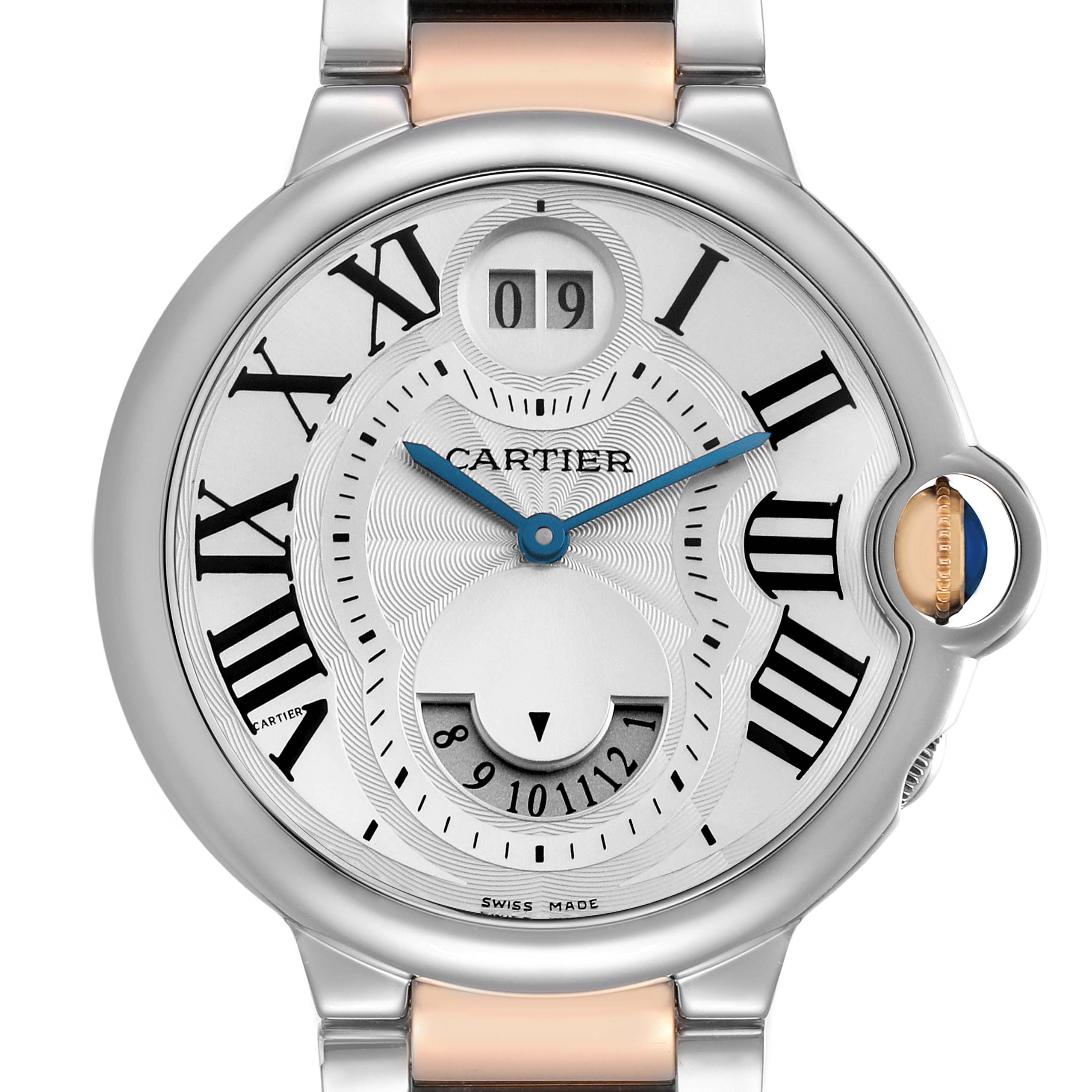 The Cartier Ballon Bleu W6920027 Men's Steel and Gold (two tone) Silver Dial watch is shown from a front angle, highlighting the dial, Roman numerals, hands, and visible date window.