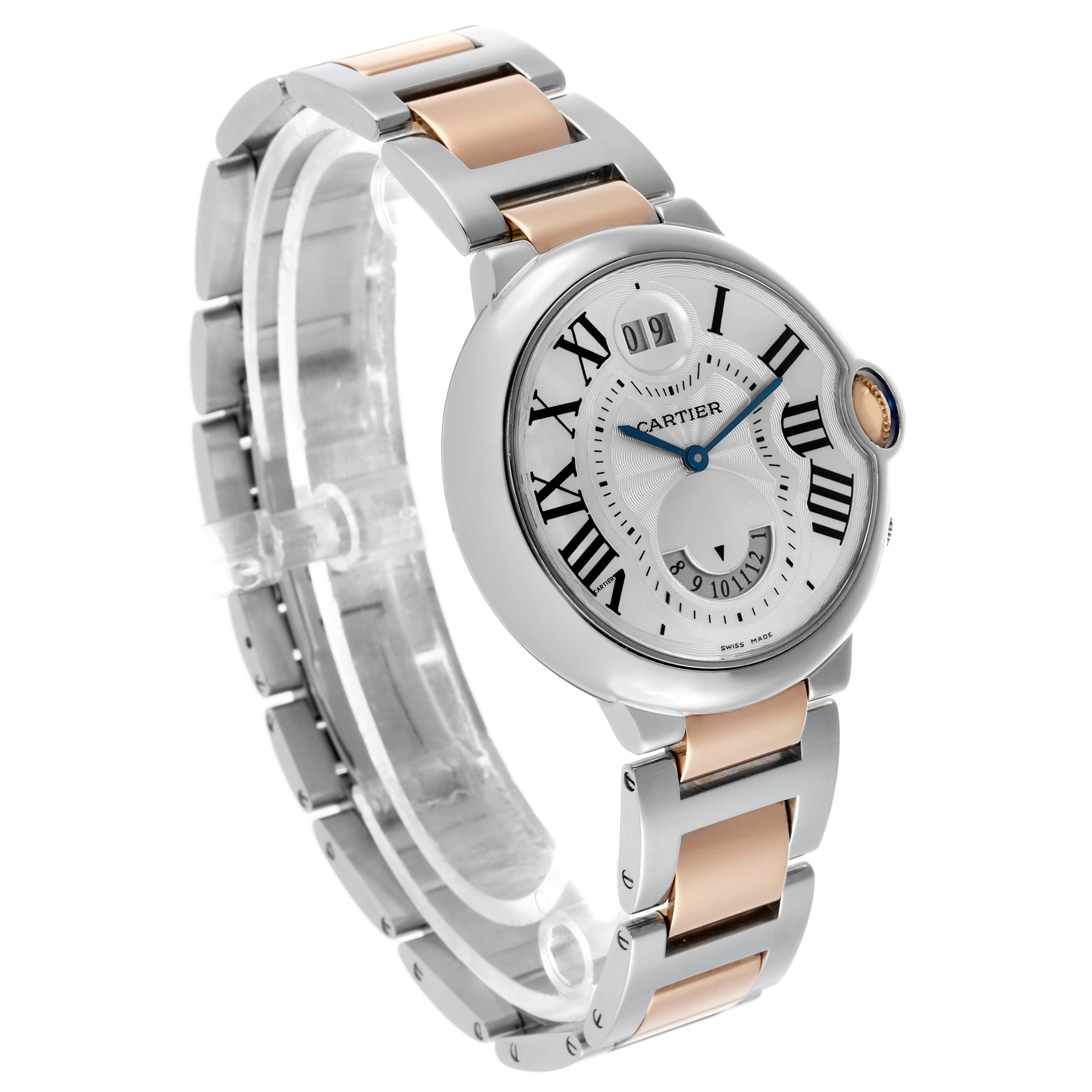 The Cartier Ballon Bleu W6920027 Men's Steel and Gold (two tone) Silver Dial watch is shown at a three-quarter angle, highlighting its dial, bezel, and two-tone bracelet.