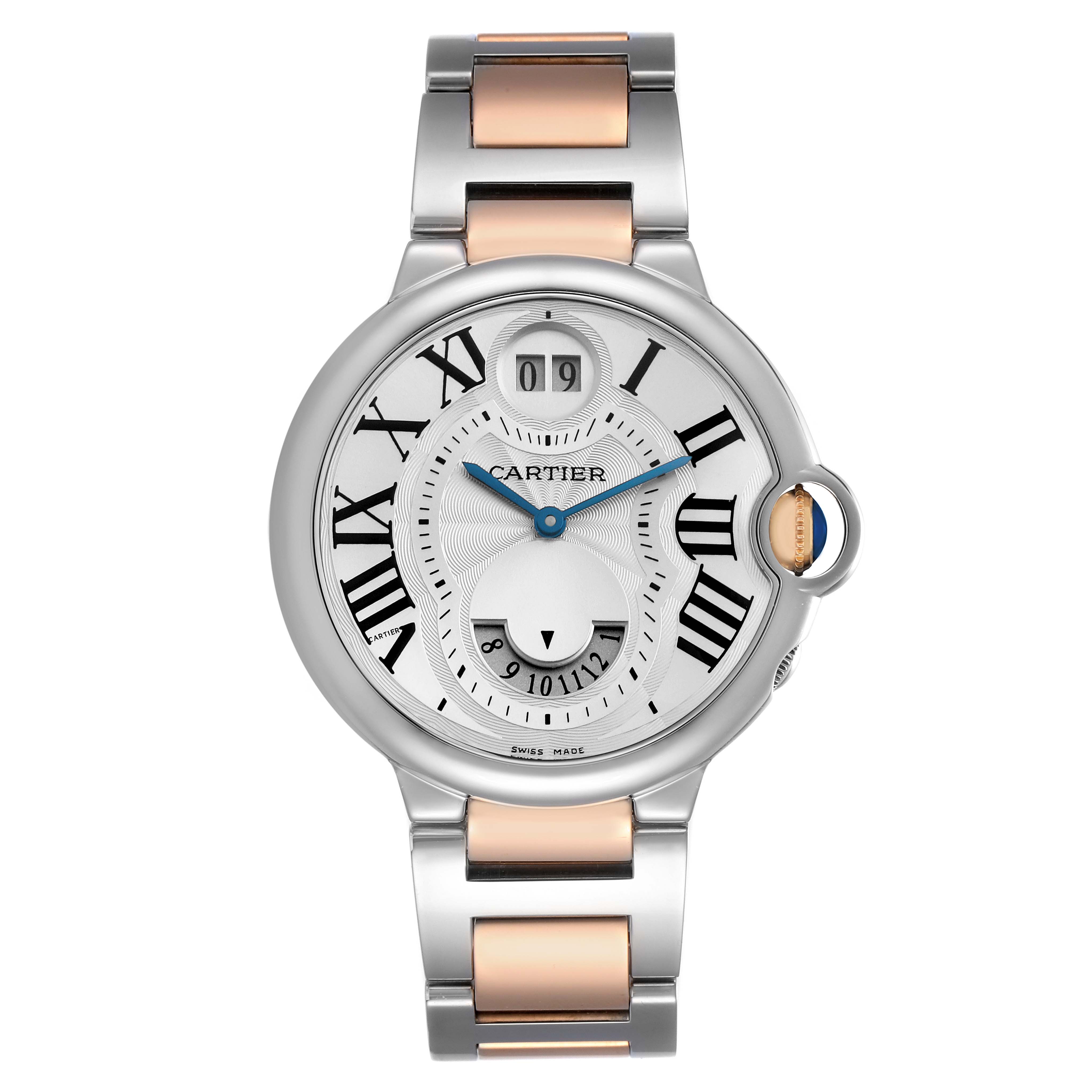 The Cartier Ballon Bleu W6920027 Men's Steel and Gold (two tone) Silver Dial watch is shown from a front angle, highlighting its face, crown, and stainless steel and gold bracelet.