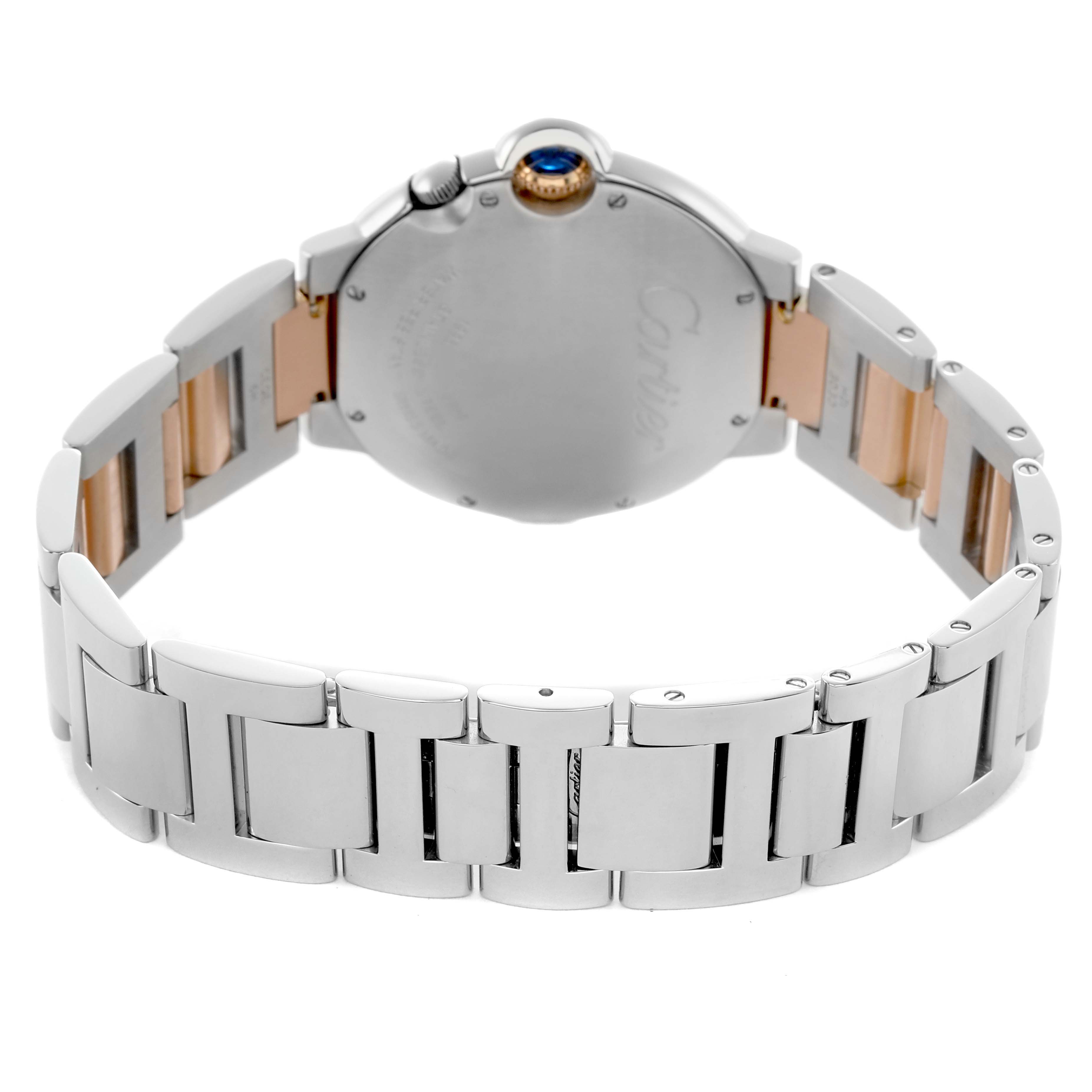 The image shows the back and bracelet of a Cartier Ballon Bleu W6920027 Men's Steel and Gold (two tone) Silver Dial watch, featuring a two-tone metal strap and a blue cabochon crown.