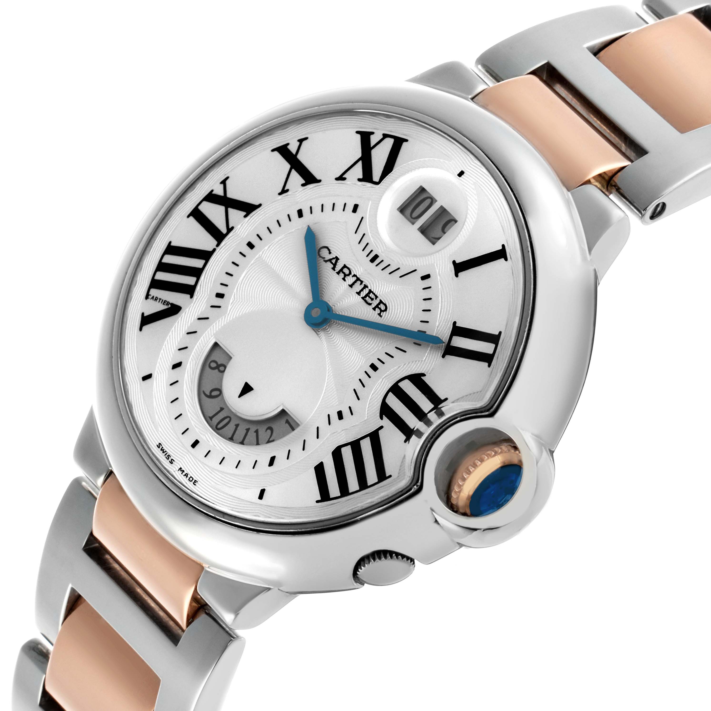The Cartier Ballon Bleu W6920027 Men's Steel and Gold (two tone) Silver Dial watch is shown at an angle highlighting the face, crown, and part of the bracelet.