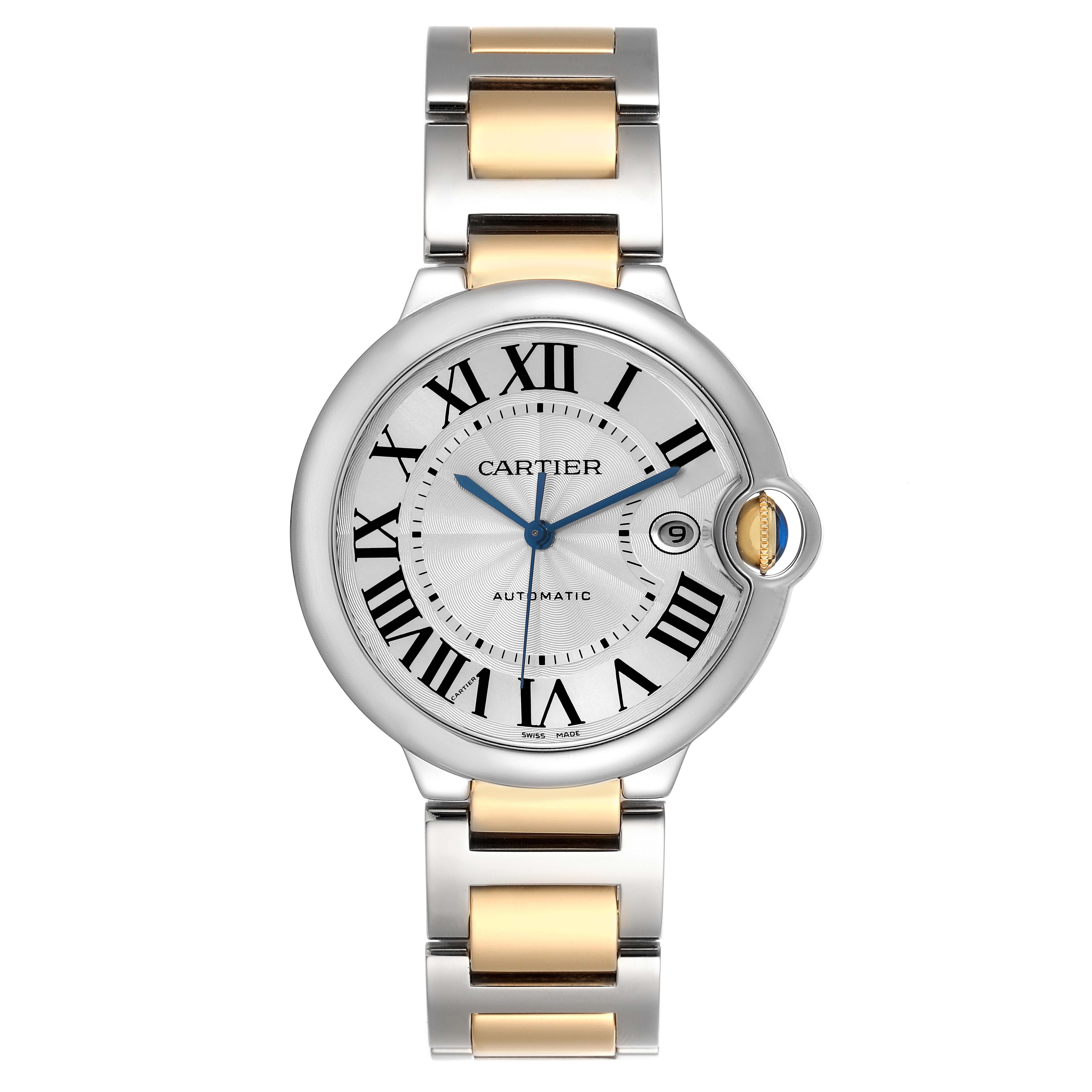 The Cartier Ballon Bleu W69009Z3 Men's Steel and Gold (two tone) Silver Dial is shown from a top view, displaying its face, silver and gold bracelet, and signature crown.