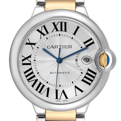The Cartier Ballon Bleu W69009Z3 Men's Steel and Gold (two tone) Silver Dial watch is shown from a frontal angle, highlighting the dial with Roman numerals and the sapphire cabochon crown.
