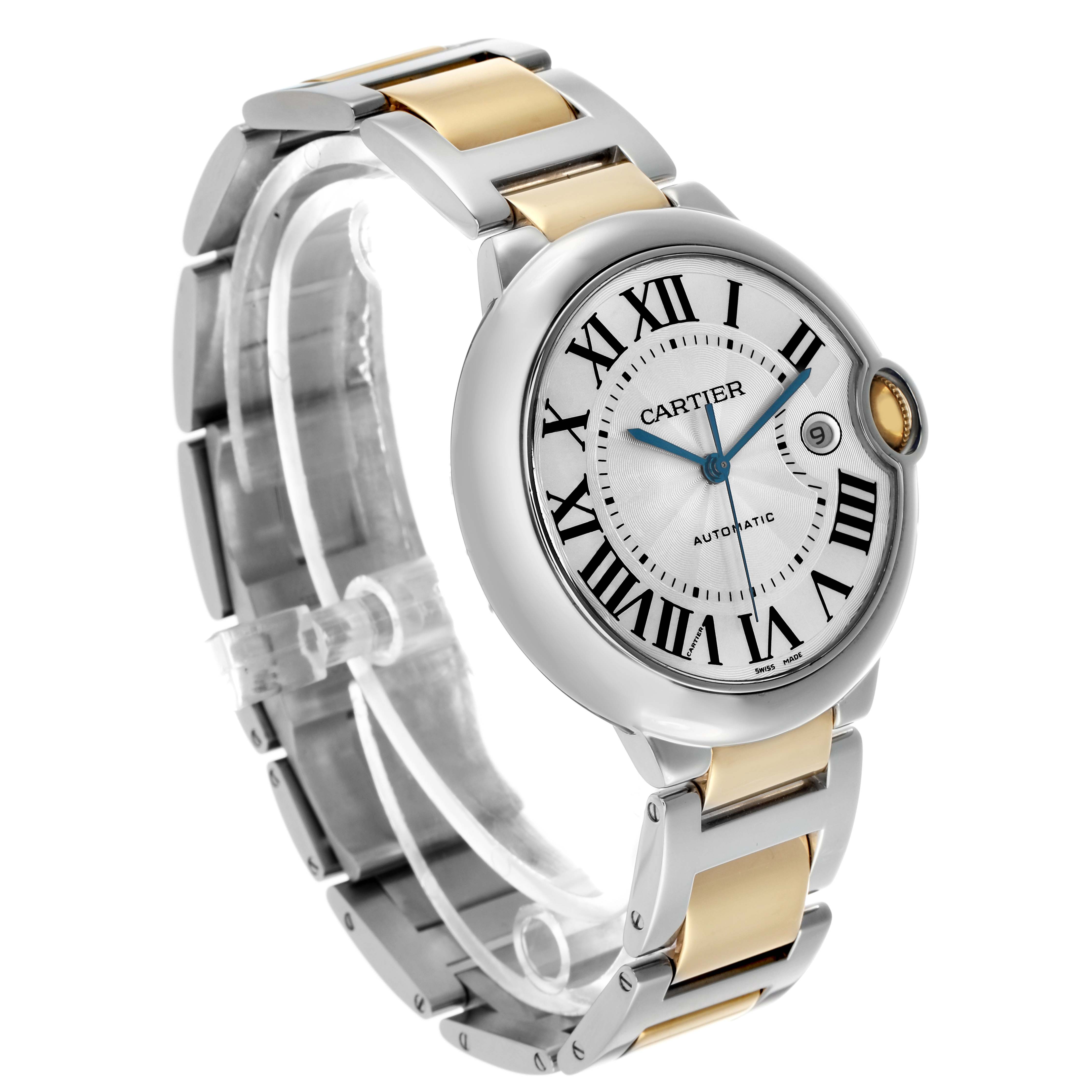 The Cartier Ballon Bleu W69009Z3 Men's Steel and Gold (two tone) Silver Dial watch is shown at an angled view, highlighting its round case, Roman numeral dial, and two-tone metal bracelet.