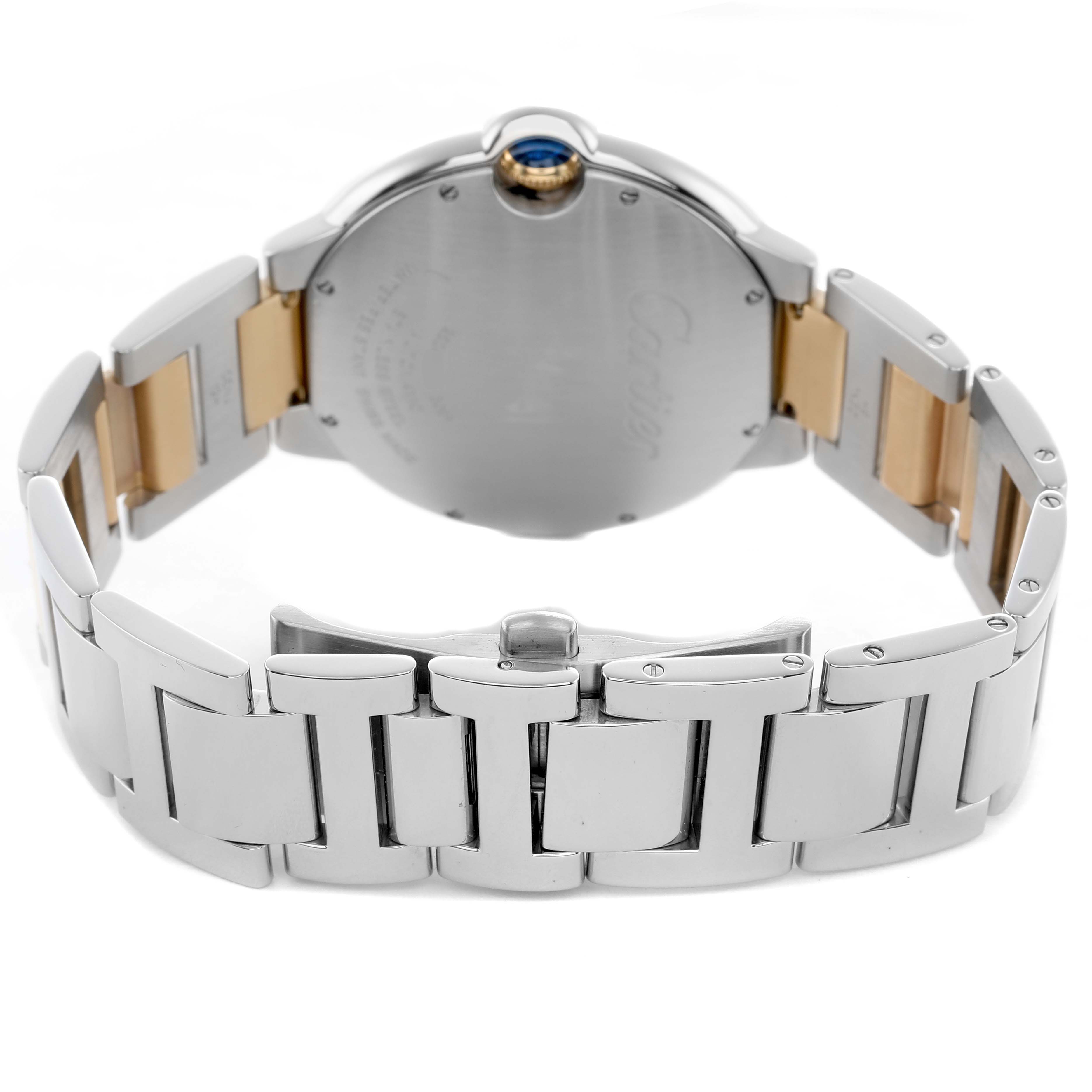 The image shows the back view of a Cartier Ballon Bleu W69009Z3 Men's Steel and Gold (two tone) Silver Dial watch, highlighting its bracelet and clasp.