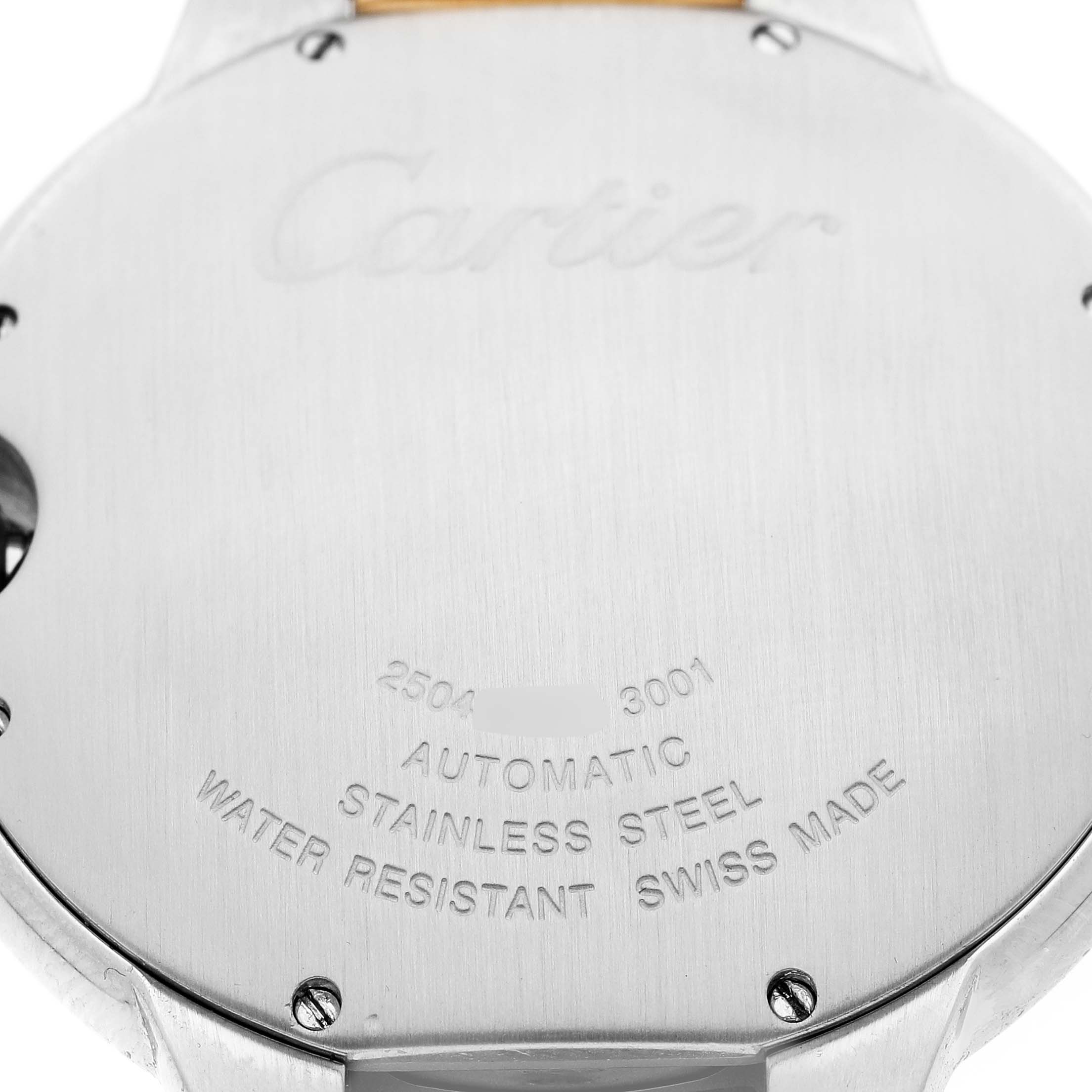 The image shows the back of a Cartier Ballon Bleu W69009Z3 Men's Steel and Gold (two tone) Silver Dial watch, highlighting inscriptions and material details.
