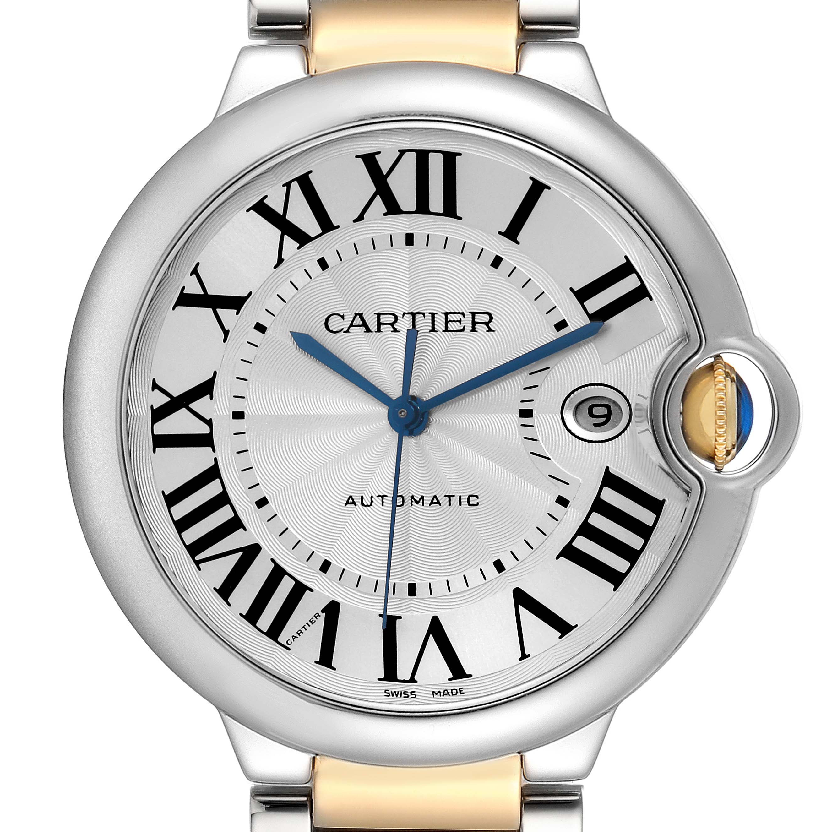The Cartier Ballon Bleu W69009Z3 Men's Steel and Gold (two tone) Silver Dial watch is shown from the front, displaying the dial, Roman numerals, blue hands, date window, and crown.
