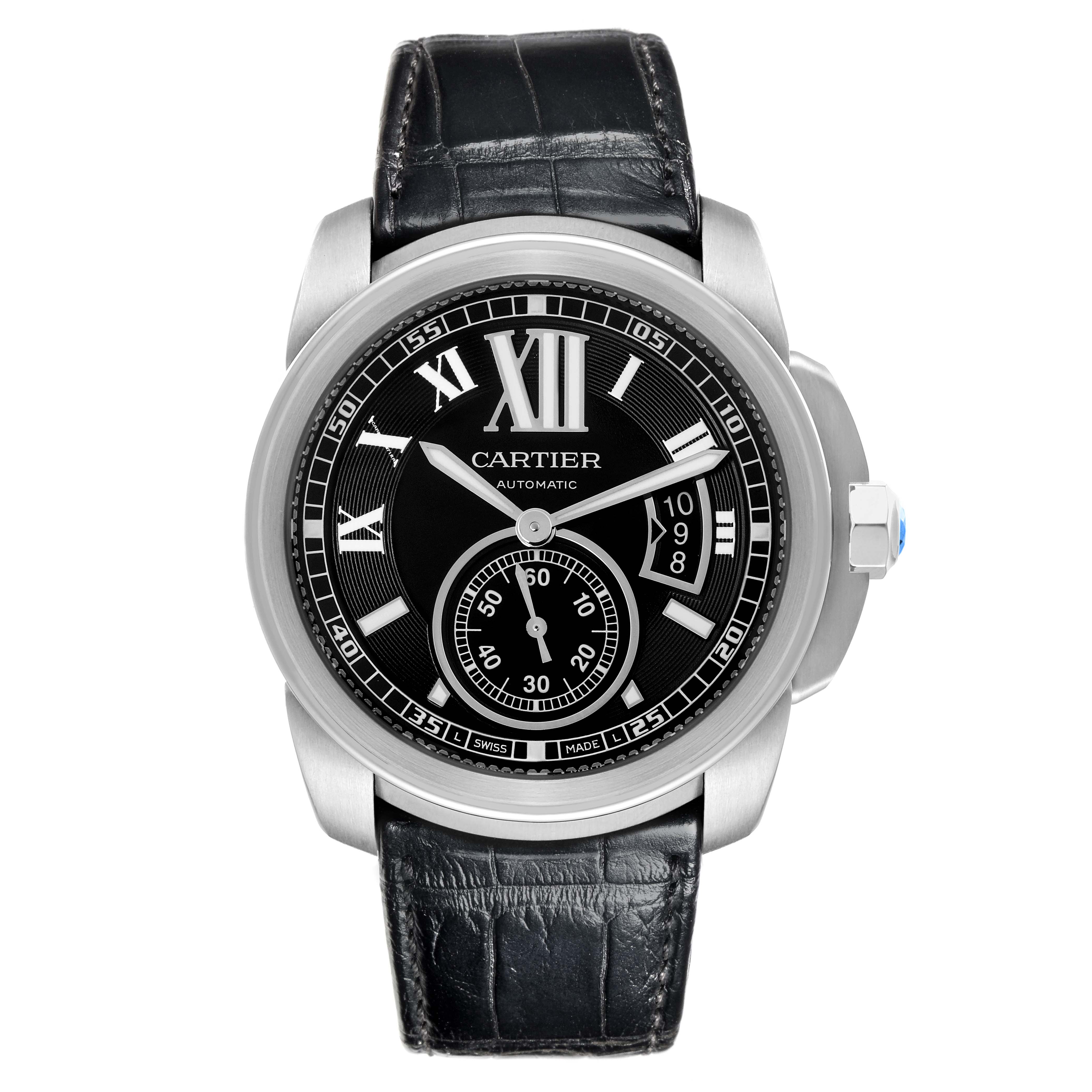The Calibre de Cartier watch is shown from a front angle, displaying the face, bezel, and leather strap.