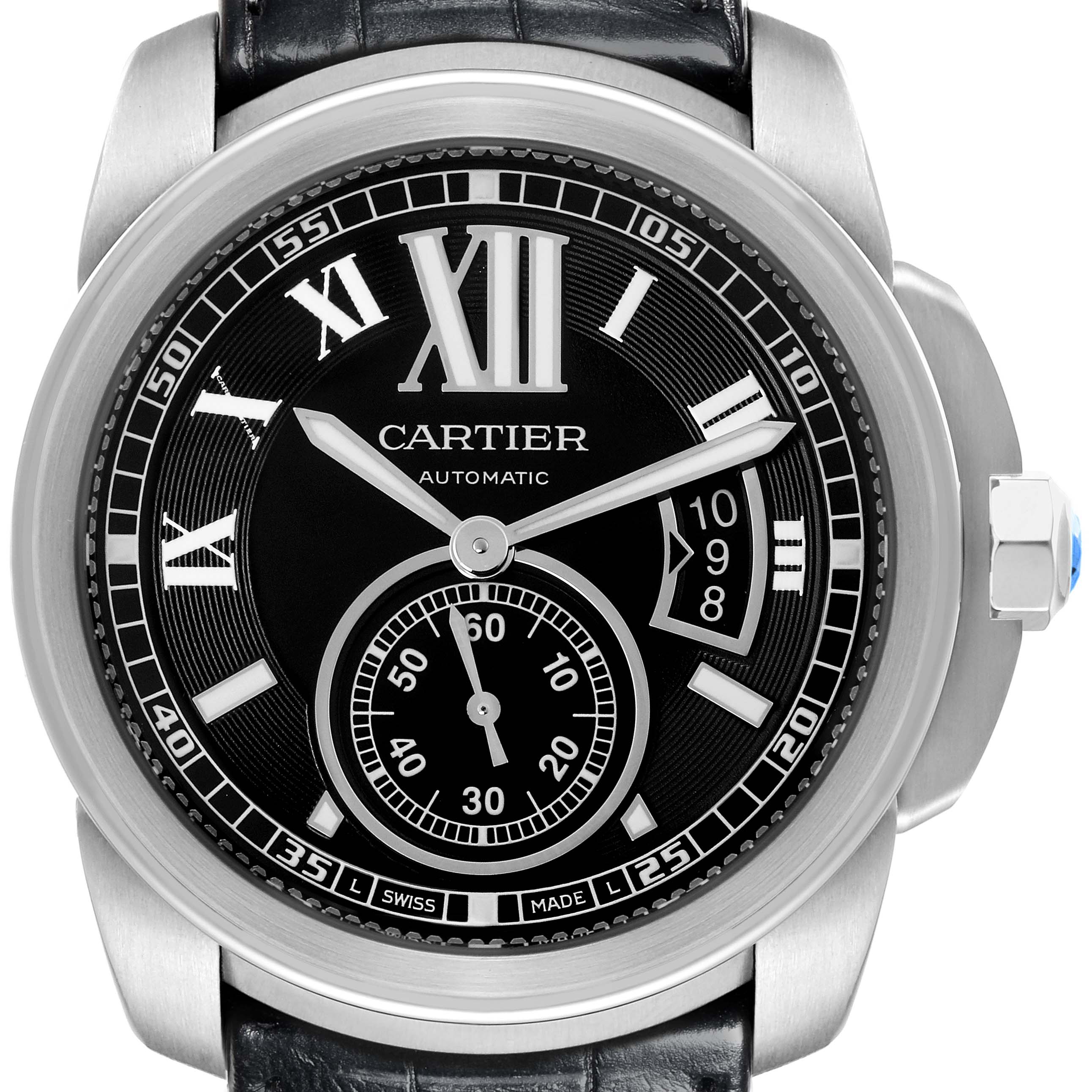 The Calibre de Cartier watch by Cartier is shown from a front angle, highlighting the face, hands, and crown.