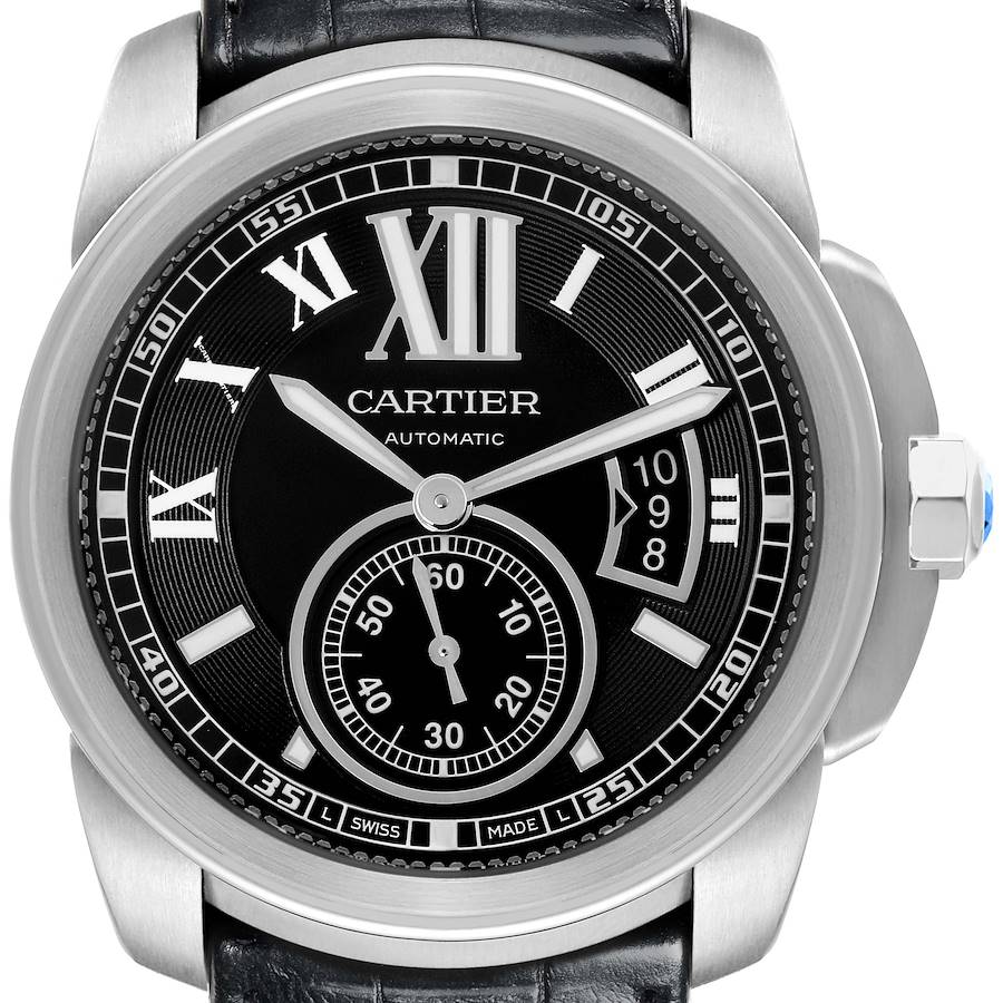 The Calibre de Cartier watch by Cartier is shown from a front angle, highlighting the face, hands, and crown.