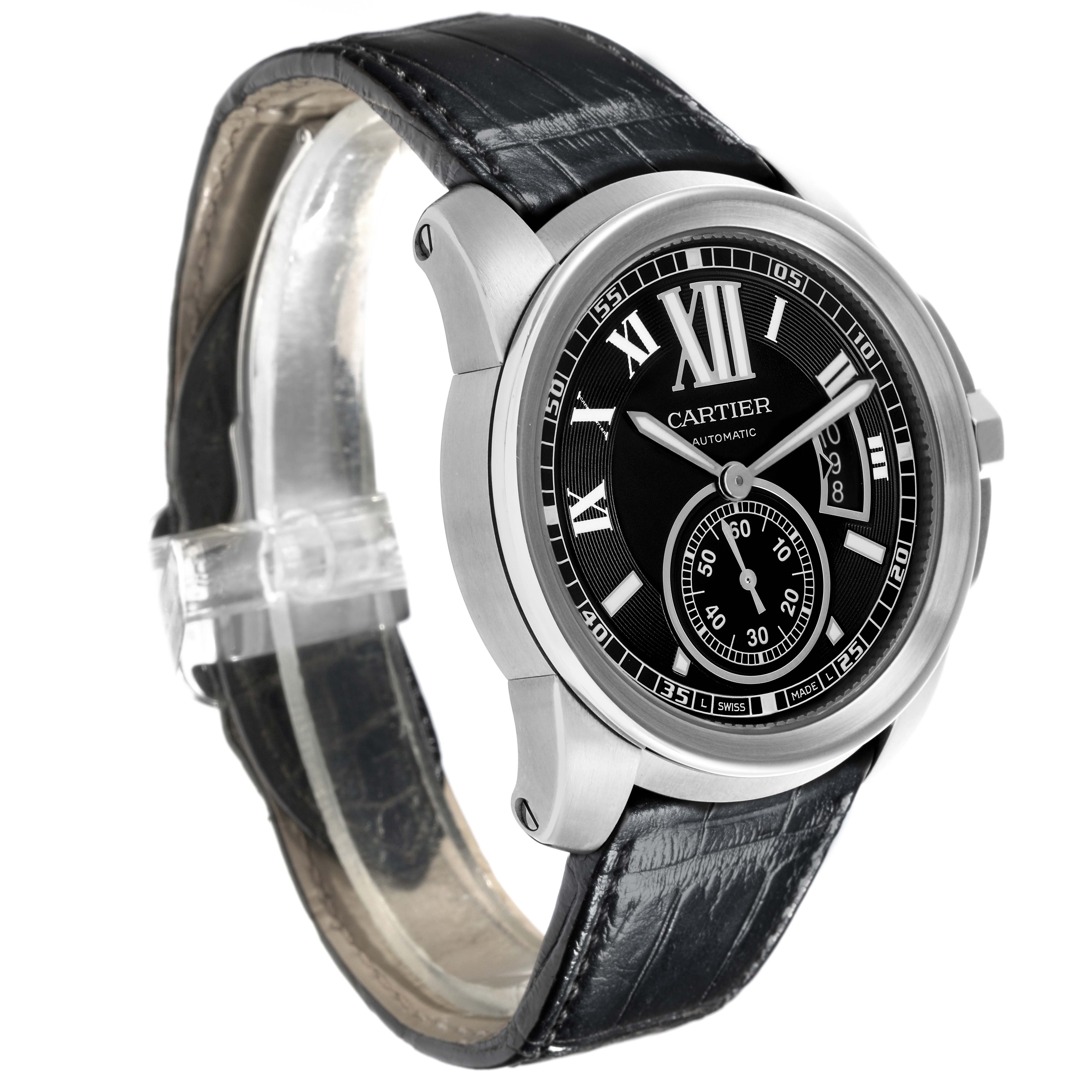 The image shows a Calibre de Cartier watch at a three-quarter angle, highlighting the dial, case, and strap.