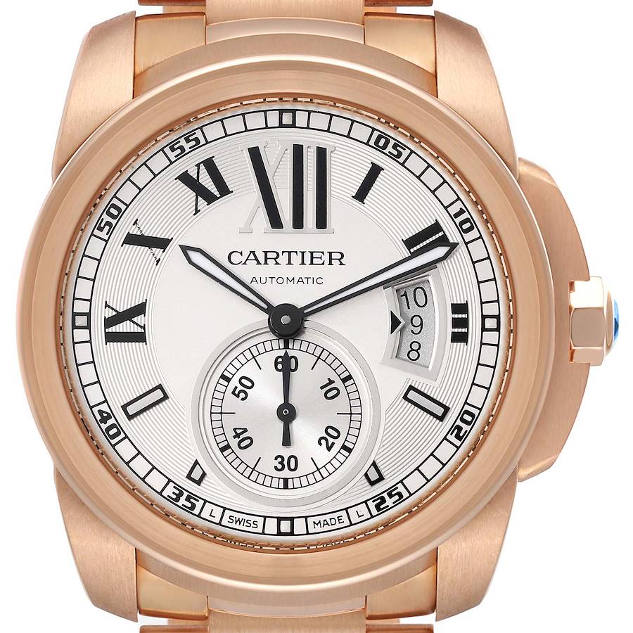 Cartier Calibre Rose Gold Silver Dial Automatic Mens Watch W7100018 SwissWatchExpo