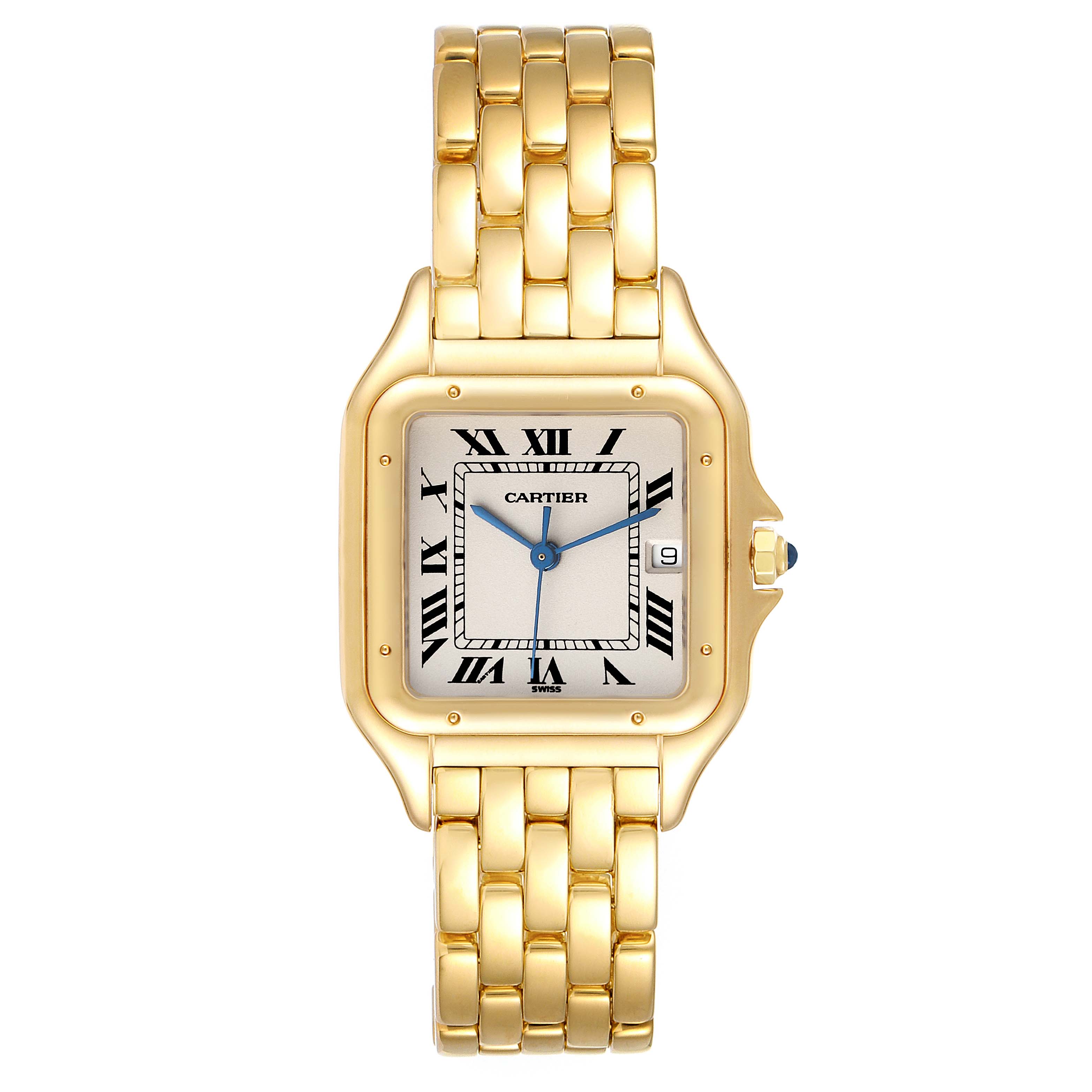 The image shows a frontal view of the Cartier Panthere W25014B9 Men's Yellow Gold Silver Dial W25014B9 Men's Yellow Gold Silver Dial watch, highlighting its gold bracelet, square dial, and Roman numeral markers.
