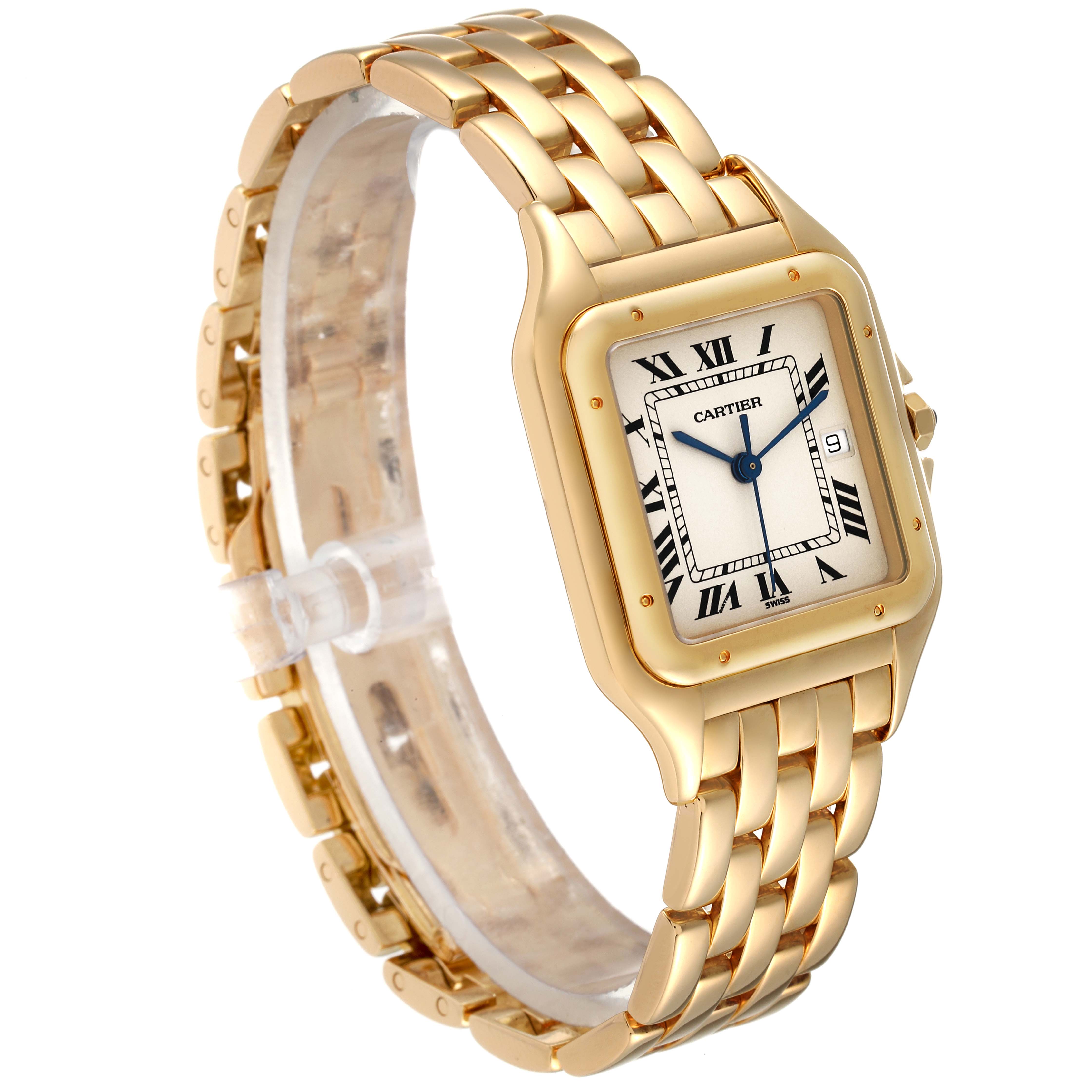 This image shows a gold Cartier Panthere W25014B9 Men's Yellow Gold Silver Dial W25014B9 Men's Yellow Gold Silver Dial watch at a slight angle, highlighting the bracelet and face with Roman numerals.