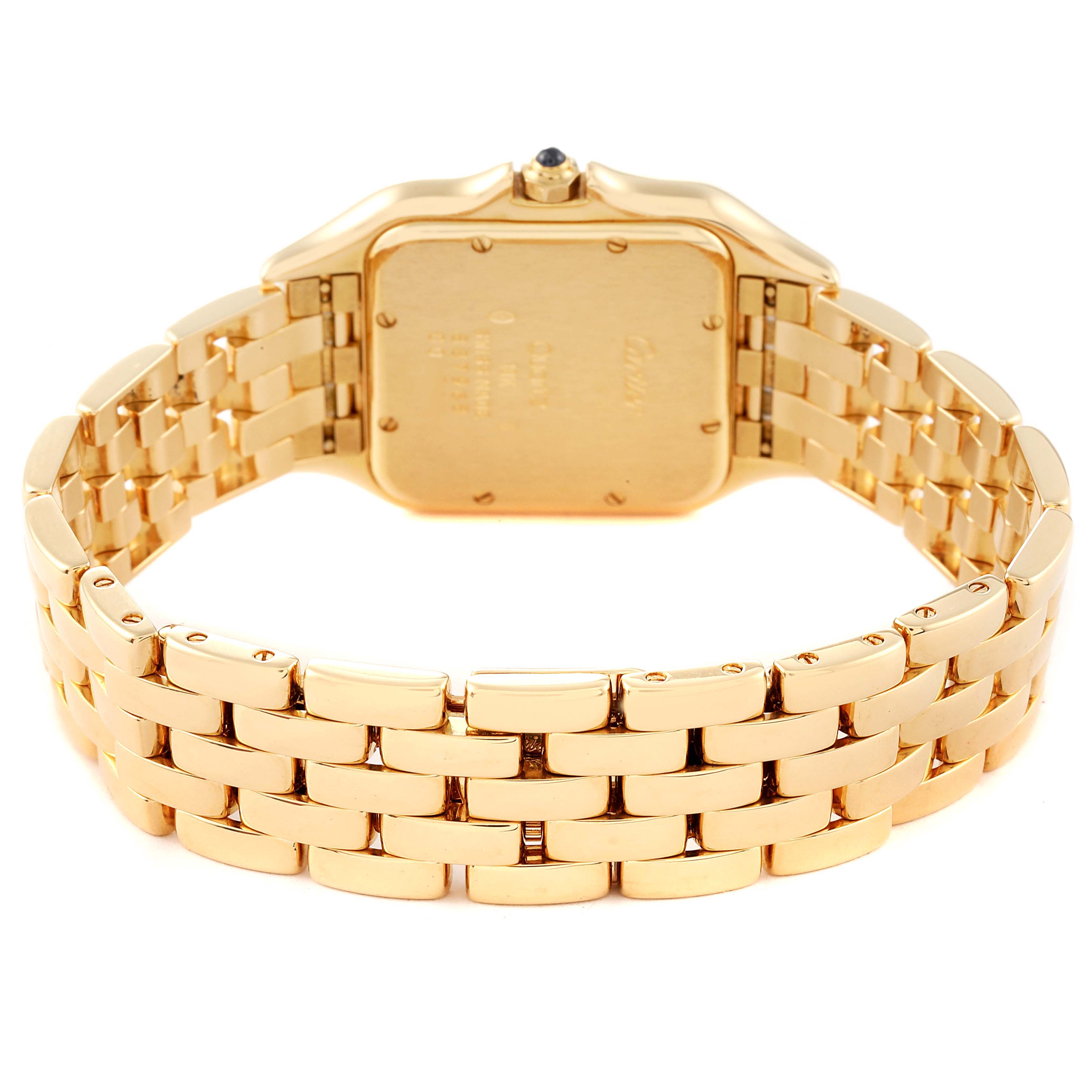 This image shows the backside and bracelet of a Cartier Panthere W25014B9 Men's Yellow Gold Silver Dial W25014B9 Men's Yellow Gold Silver Dial watch at a rear angle.