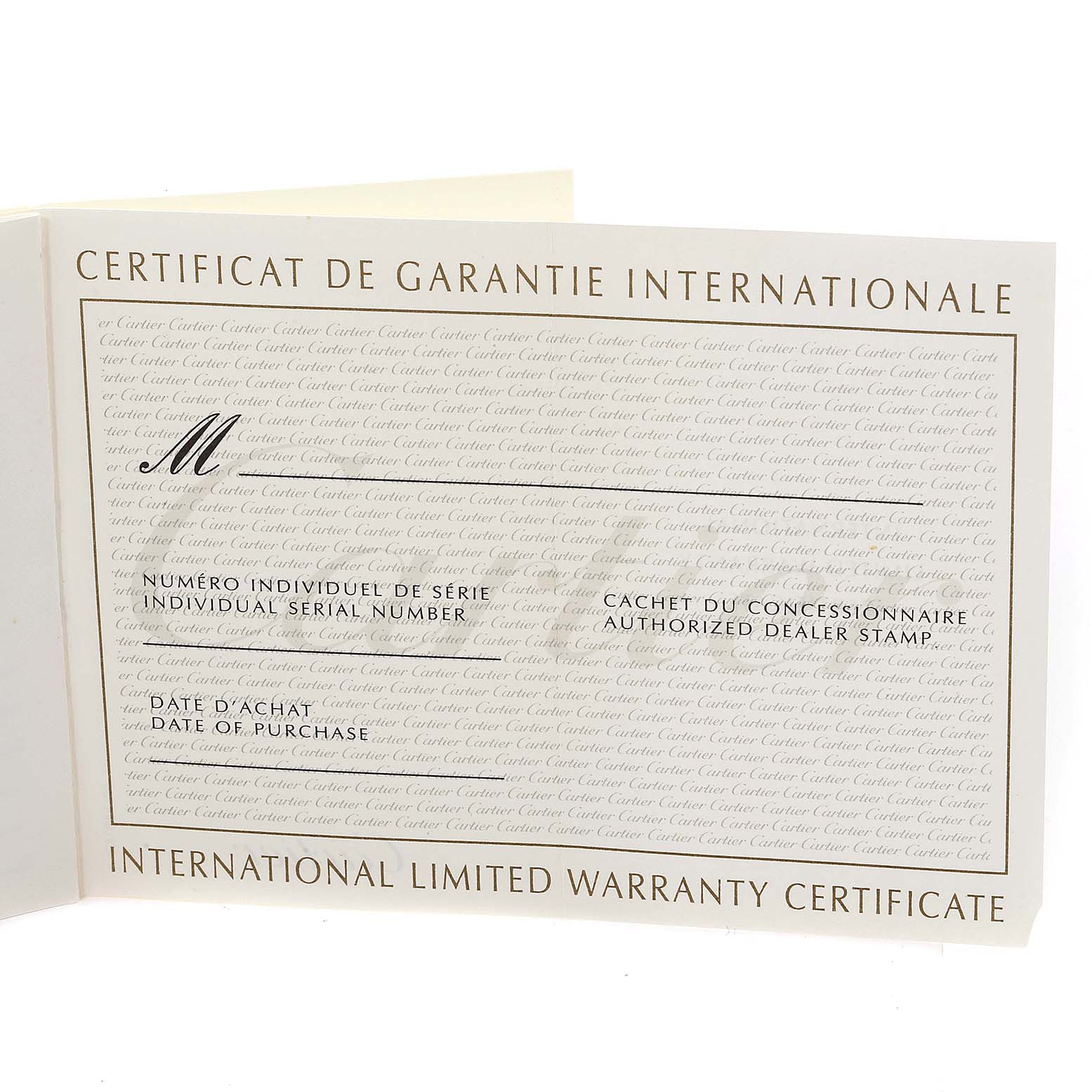 This image shows the International Limited Warranty Certificate for a Cartier Panthere W25014B9 Men's Yellow Gold Silver Dial W25014B9 Men's Yellow Gold Silver Dial model watch.