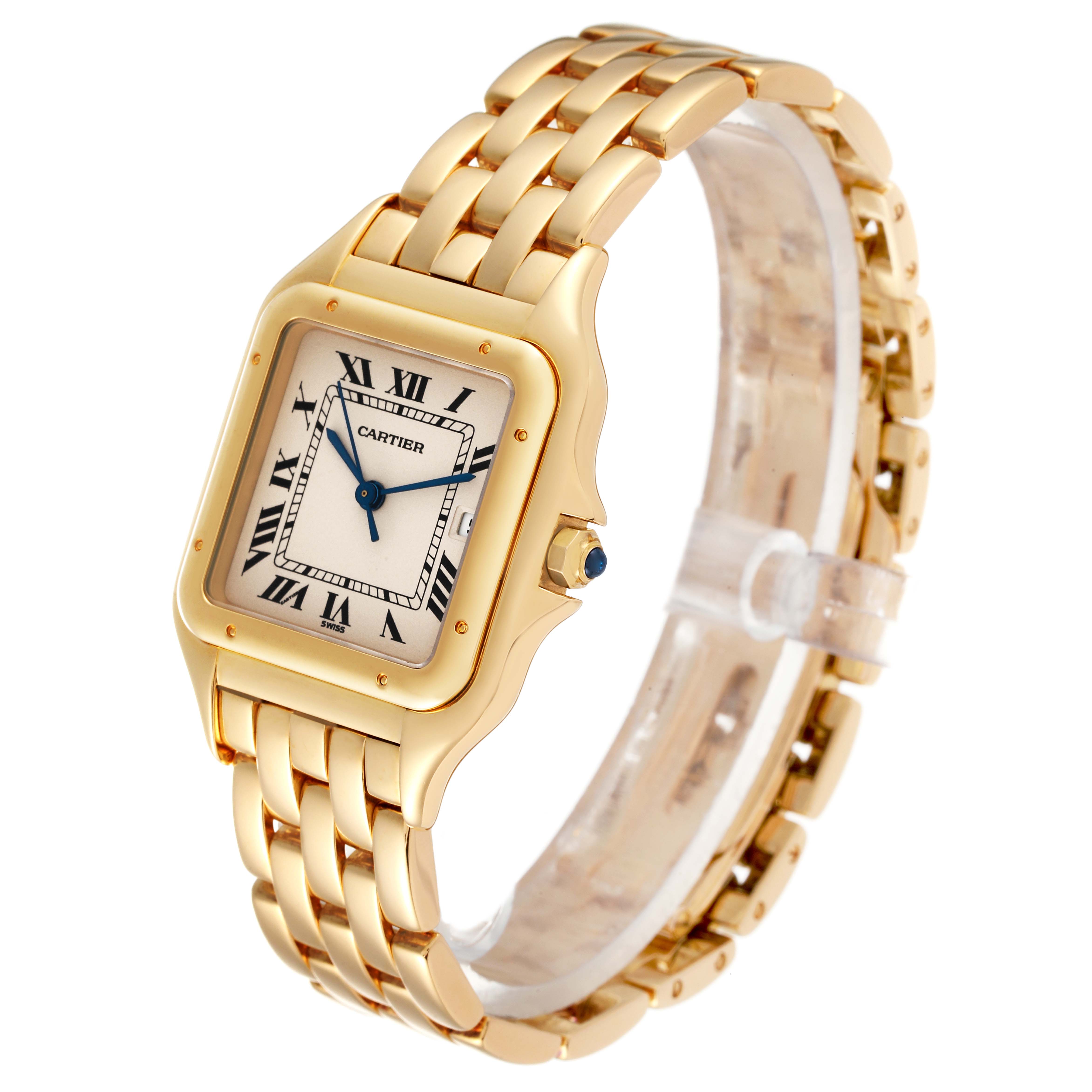 The image shows a side angle of a gold Panthere model by Cartier, highlighting its face, bezel, and bracelet.