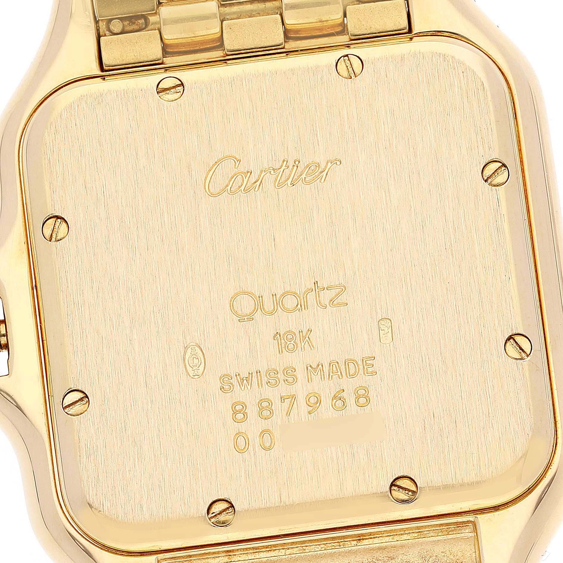 The image shows the back case of a Cartier Panthere W25014B9 Men's Yellow Gold Silver Dial W25014B9 Men's Yellow Gold Silver Dial watch, highlighting its engravings and screws.