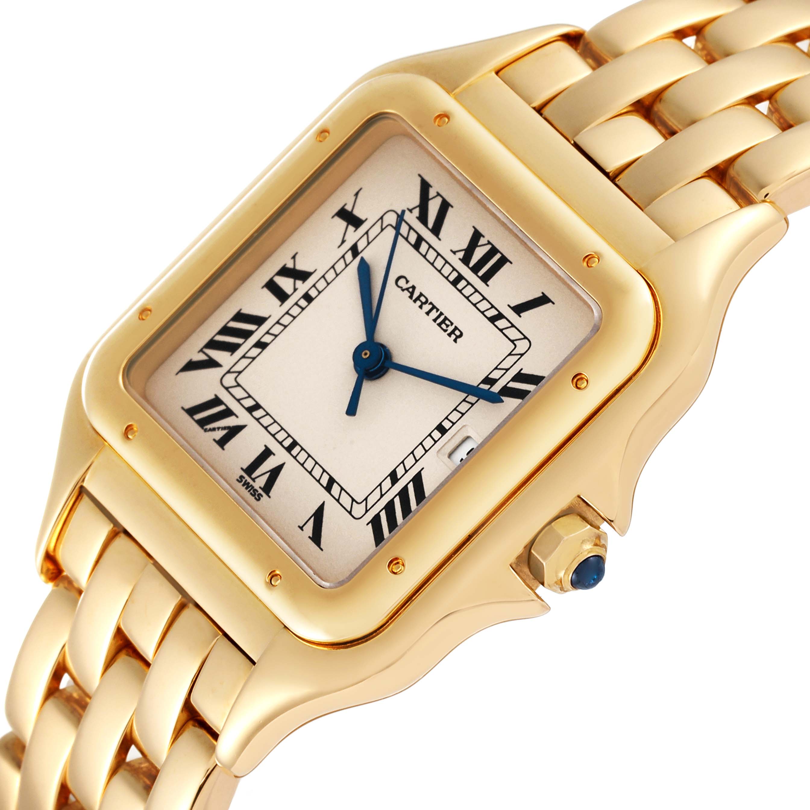The image shows a close-up angle of a Cartier Panthere W25014B9 Men's Yellow Gold Silver Dial W25014B9 Men's Yellow Gold Silver Dial model, highlighting the rectangular face, Roman numerals, and part of the bracelet.