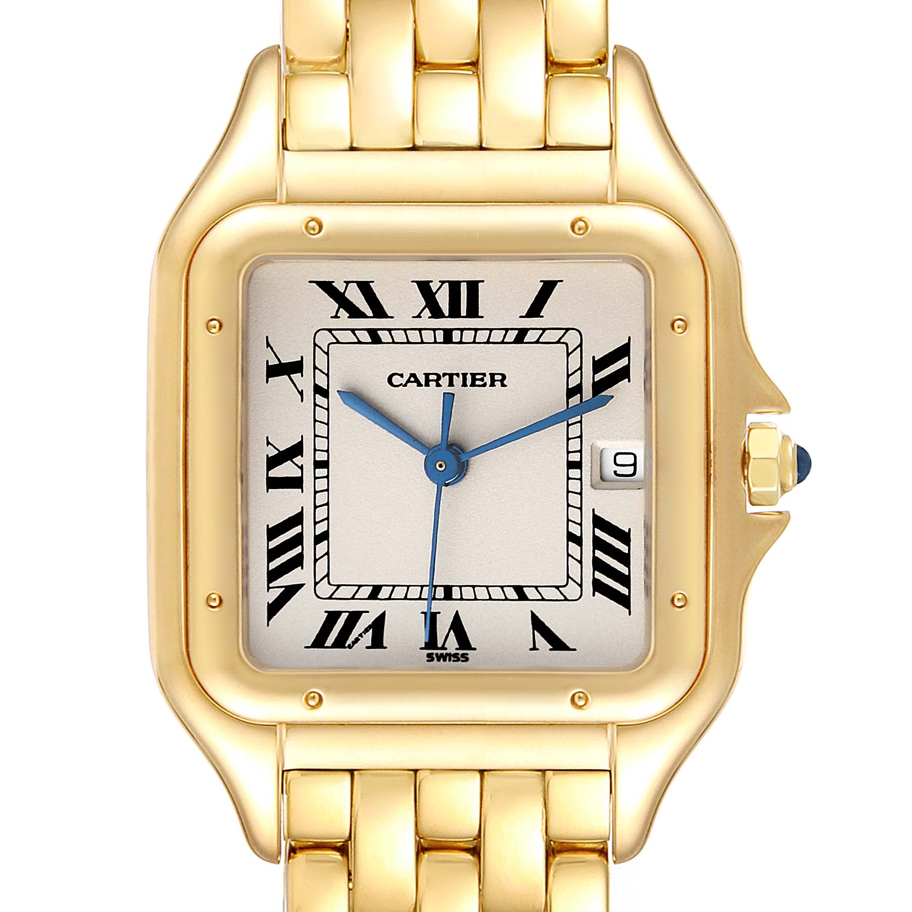 The image shows a front view of a Cartiere Panthere model watch, highlighting its gold case, bracelet, and Roman numeral dial.