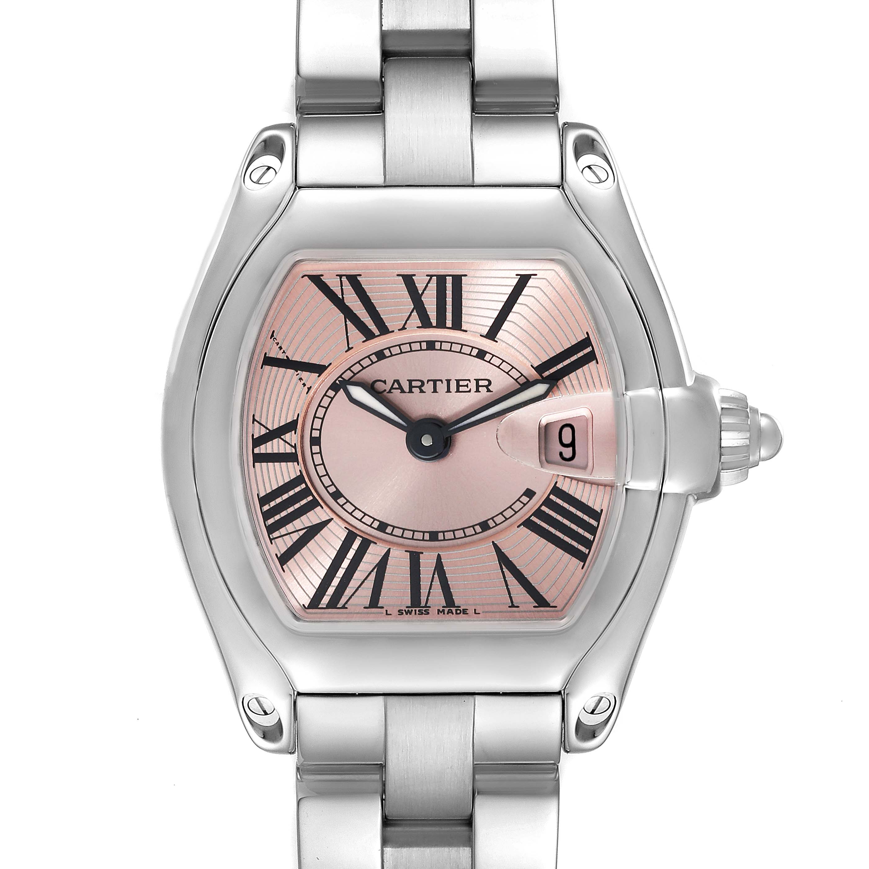 This image shows a front view of the Cartier Roadster W62017V3 Women's Stainless Steel Pink Dial W62017V3 Women's Stainless Steel Pink Dial watch, highlighting the dial, hands, bracelet, and date window.