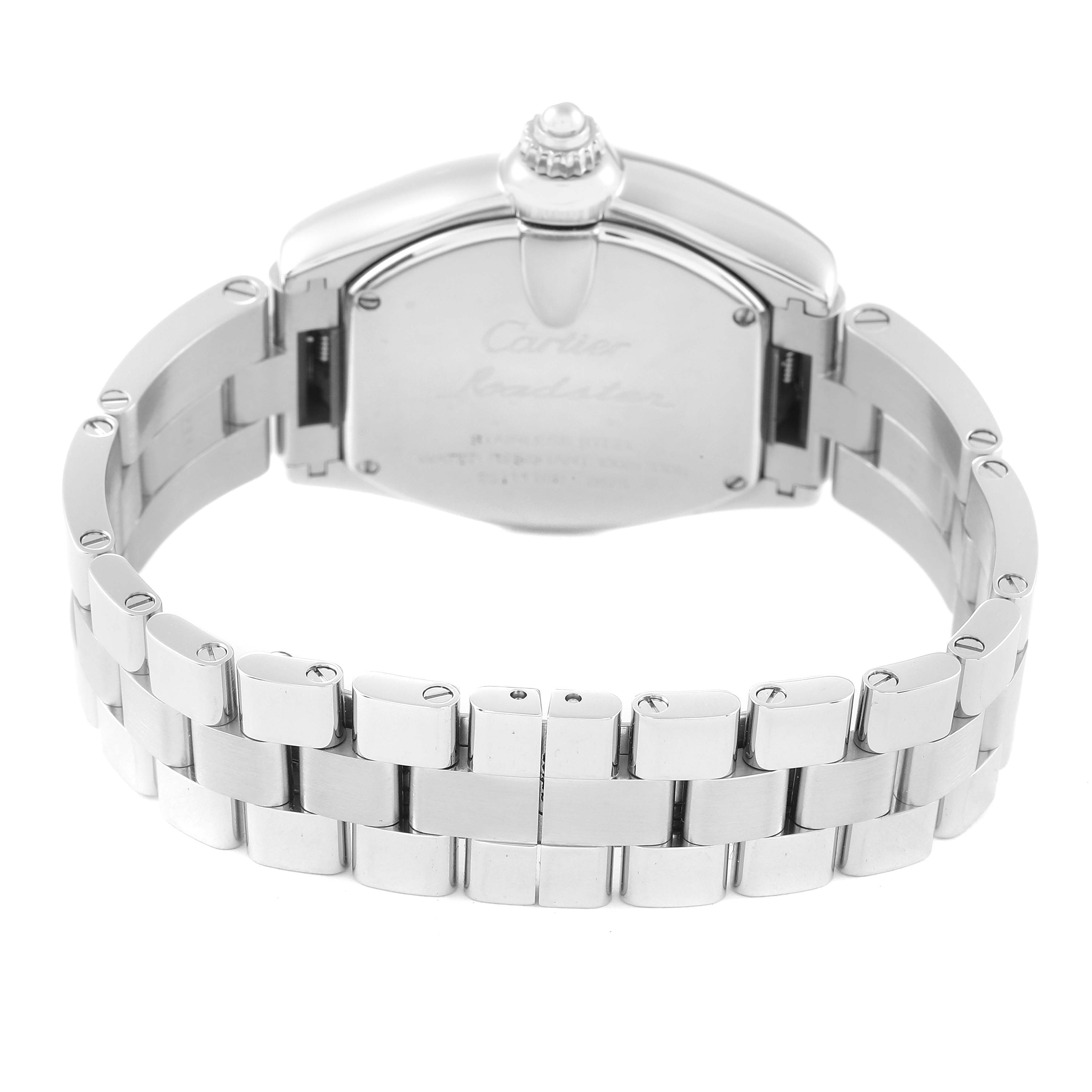 The image shows the back case and bracelet of the Cartier Roadster W62017V3 Women's Stainless Steel Pink Dial W62017V3 Women's Stainless Steel Pink Dial watch.