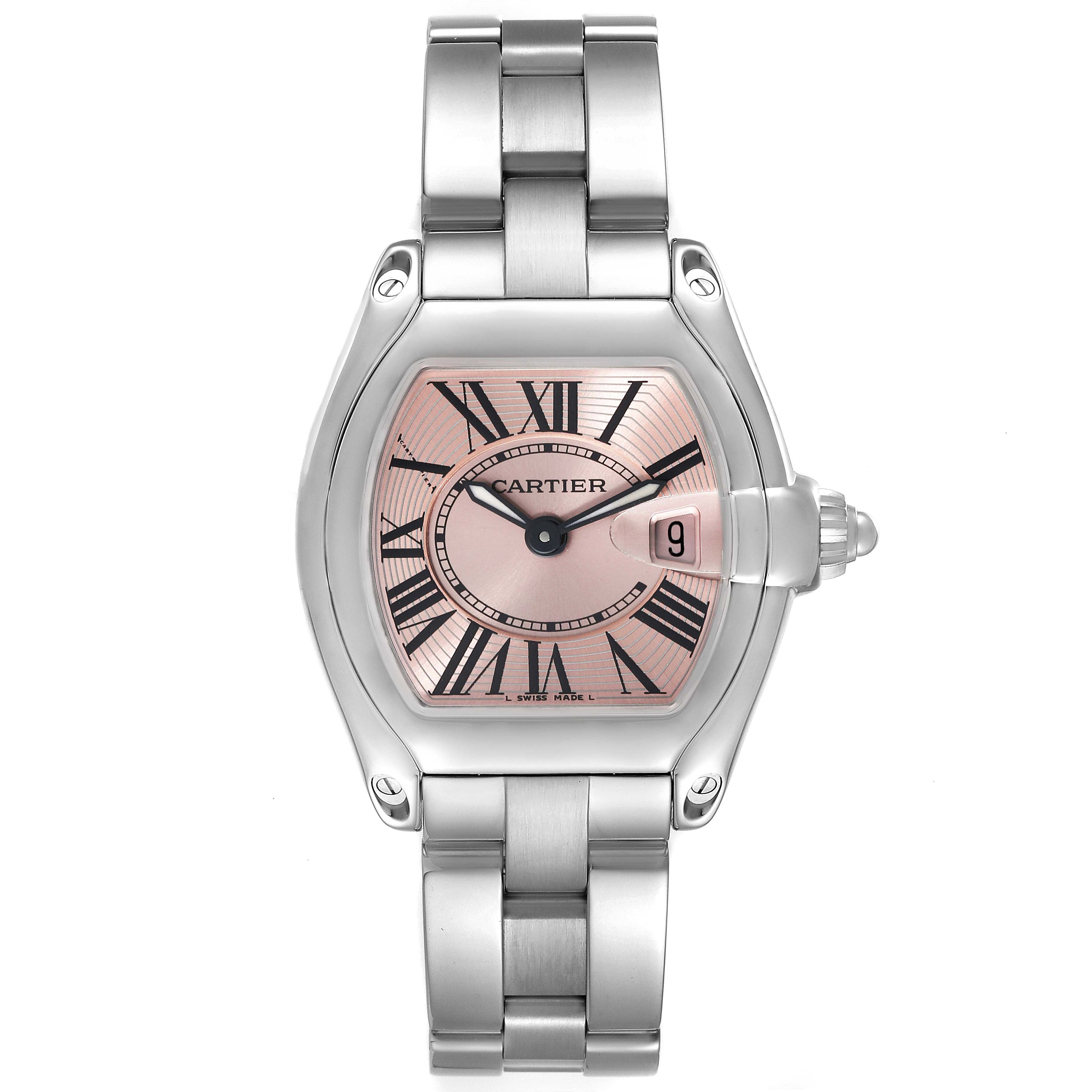 The image shows a frontal view of the Cartier Roadster W62017V3 Women's Stainless Steel Pink Dial W62017V3 Women's Stainless Steel Pink Dial watch, highlighting its bracelet, dial, and crown.