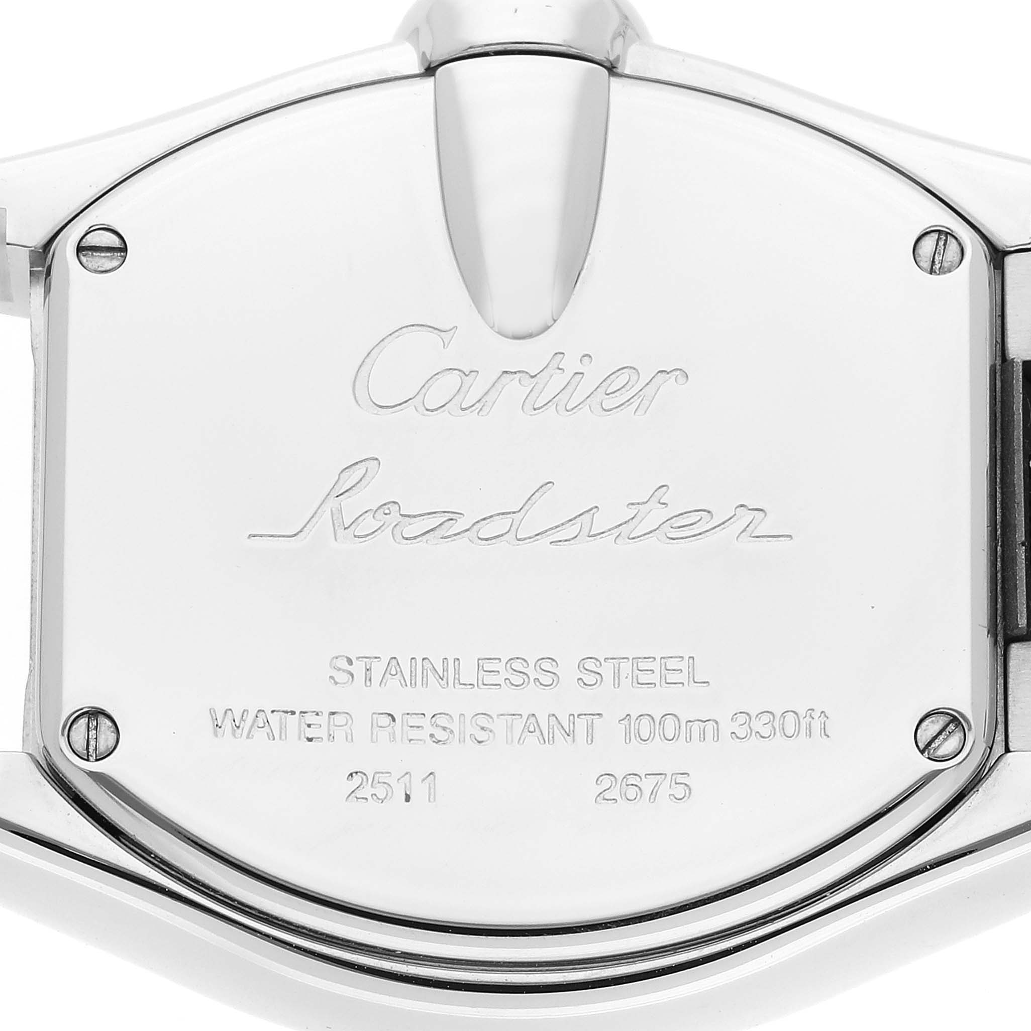 This image shows the stainless steel back of a Cartier Roadster W62017V3 Women's Stainless Steel Pink Dial W62017V3 Women's Stainless Steel Pink Dial watch, detailing its water resistance and model numbers.